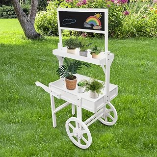 Vintage Plant Flower Rack with Blackboard 3 Tier Candy Cart Display Stand Decorated Dessert Cart,Wood Plant Food Carts for Party Wedding, Plants Display Rack,Tea Stall - White(White)