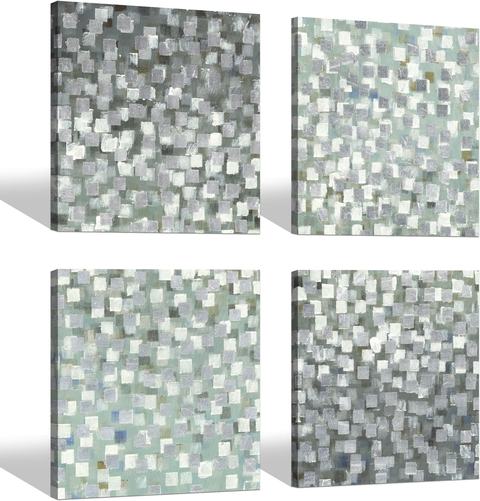 SD SOFT DANCE Bedroom Wall Art Canvas Decor: Modern Abstract Prints Textured Teal Aqua Artwork 4 Piece Contemporary Green Turquoise Prints Glitter Silver Foil Painting for Living Room Bedroom Office
