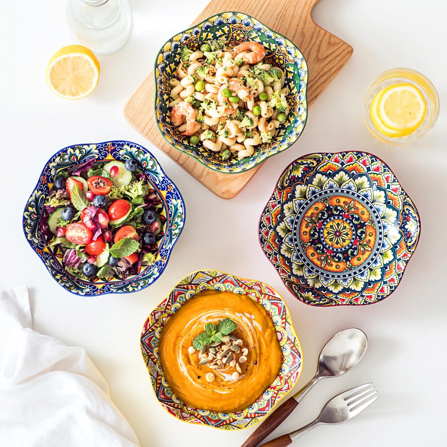 Henten Home Ceramic Salad Bowls Set of 4, Colorful 20 oz Porcelain Bowls for Snack, Ice Cream, Serving Dishes, Bohemian Lotus Shape, Dishwasher & Microwave Safe