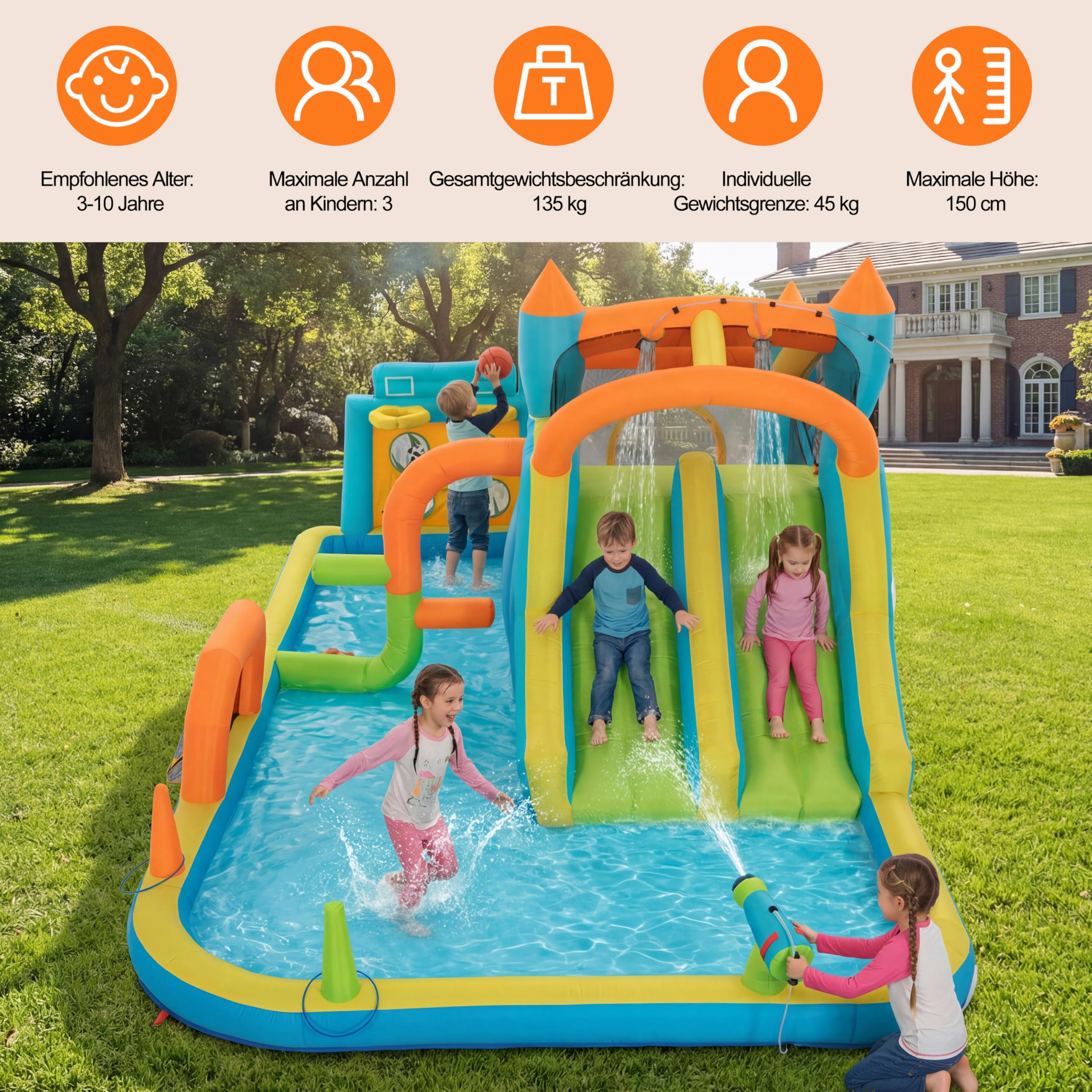 UEV Aufblasbarer 9-in-1 Hüpfburg XXL mit Gebläse,EN 71-1/2/3,515x320x216cm | Trocken-/Wasserdoppelrutsche, geeignet für Kinder von 3 bis 10 Jahren, Children's Bouncy Castle for Indoor or Outdoor use