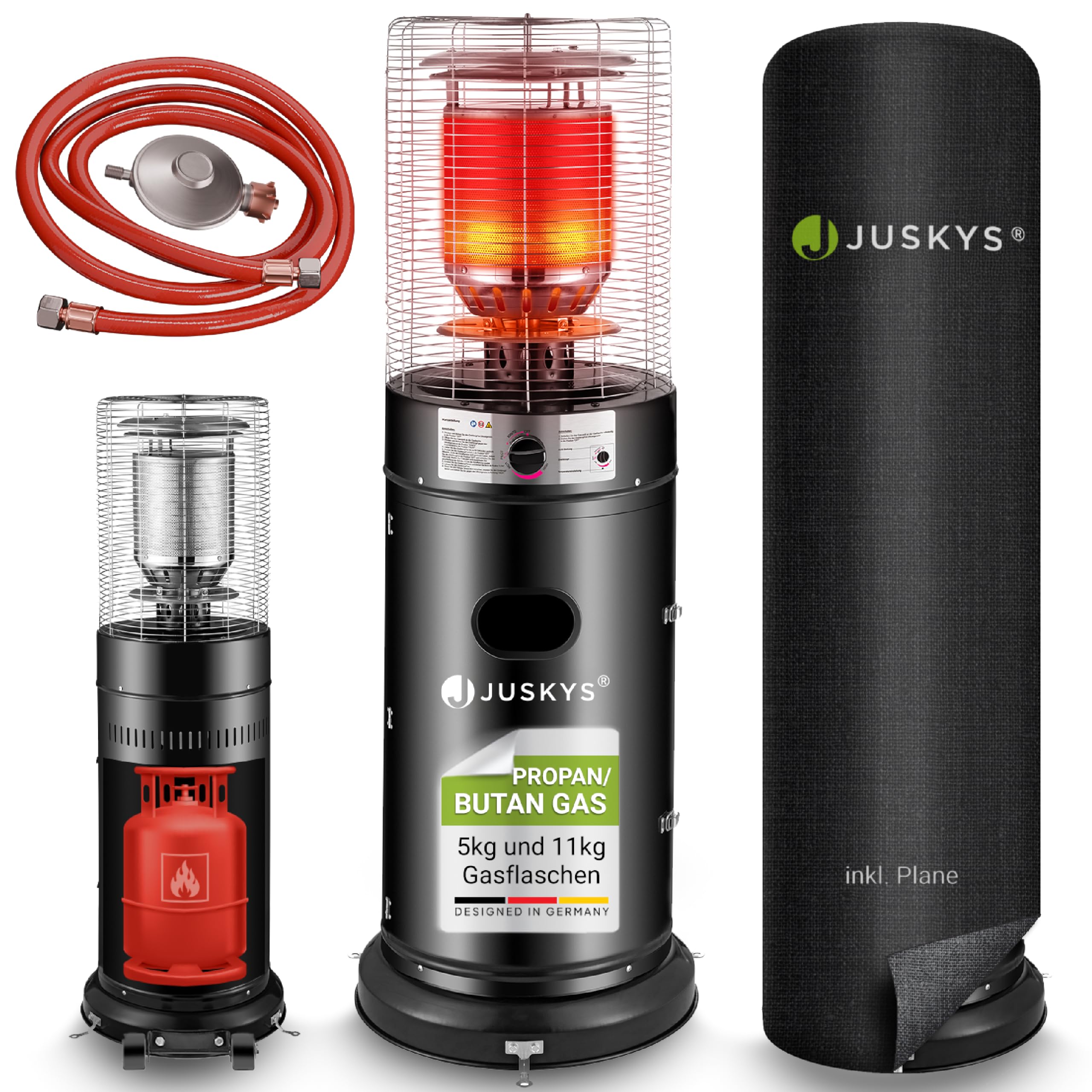 Juskys Gasheizstrahler Terrasse 11 kW Brenner, Piezo-Zündung, inkl. Druckminderer und Schutzhülle
