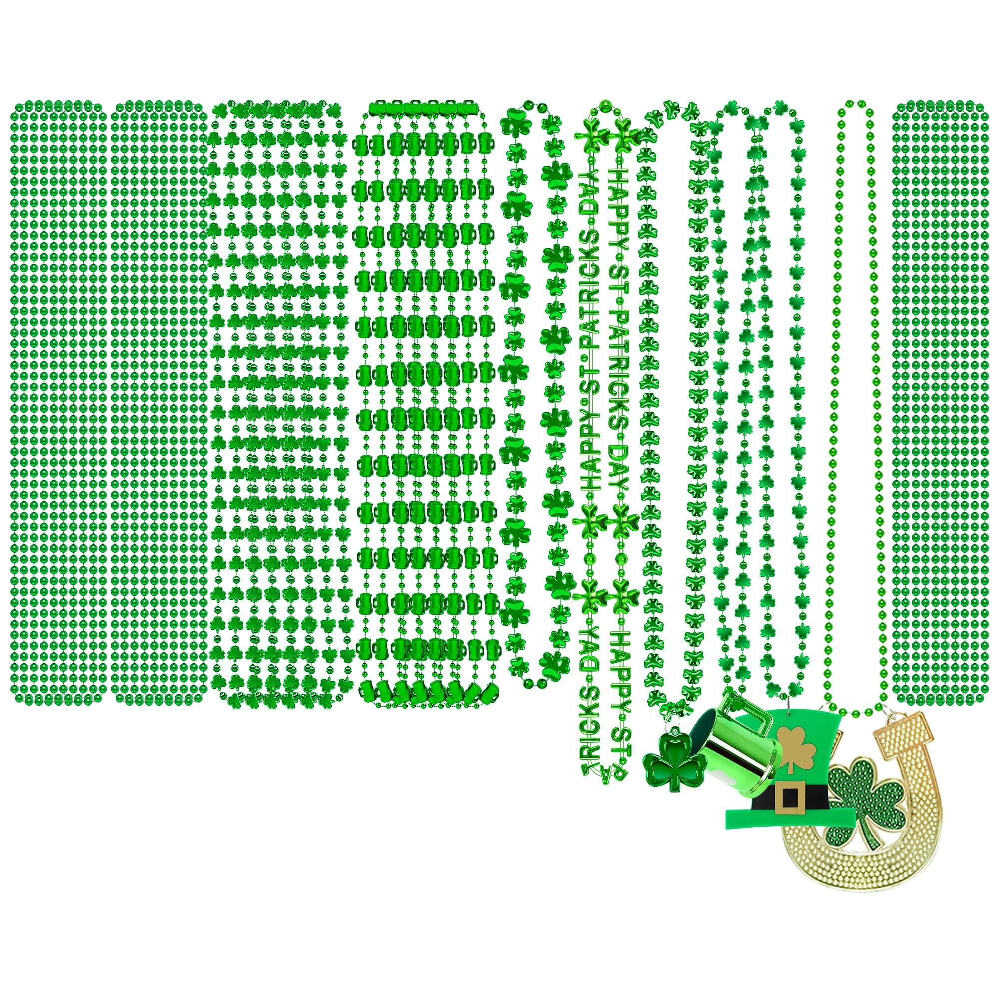 24PCS St Patricks Day Beads Necklace 9 kinds of St Patricks Beads Accessories Irish Shamrock Beer Mug Coins