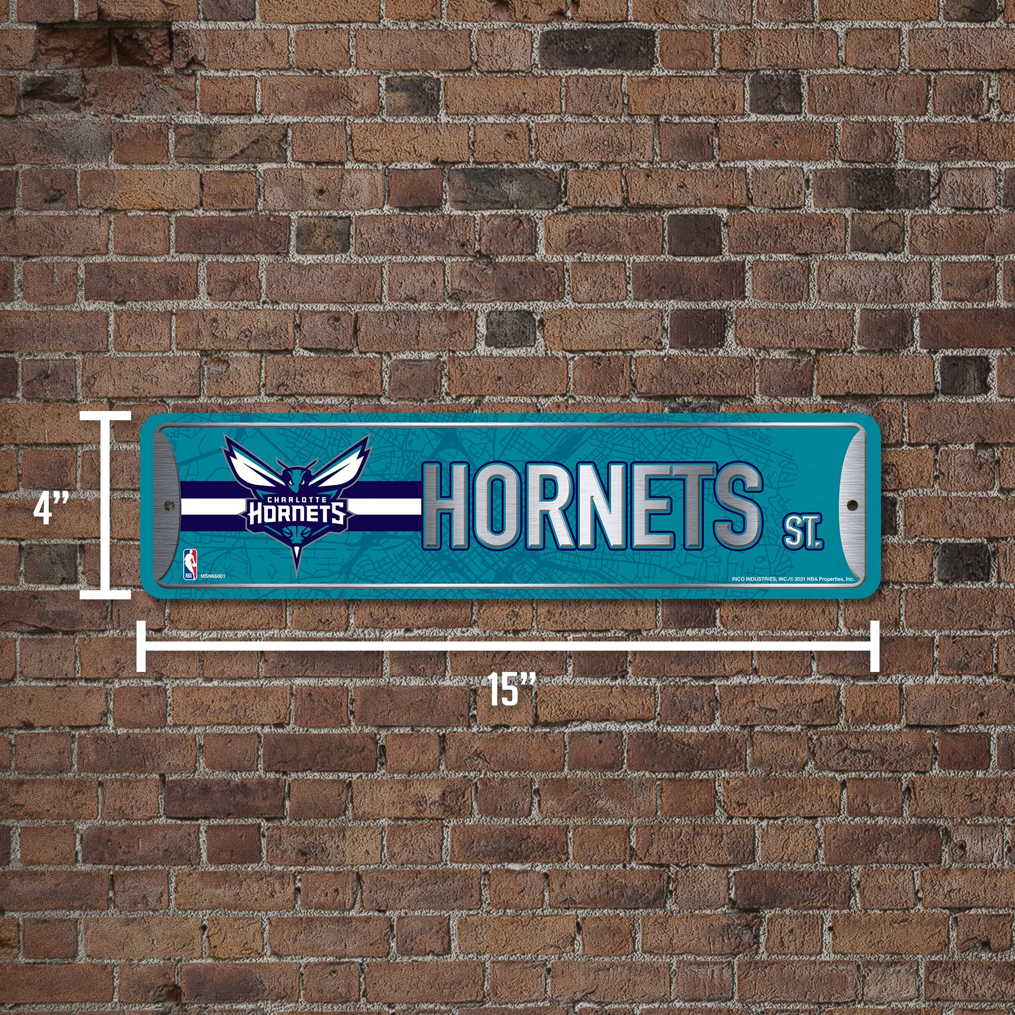 Rico Industries NBA Charlotte Hornets Plaque de rue en métal (10,2 x 38,1 cm) – Idéal pour la maison, le bureau, la chambre à coucher et la grotte – Fabriqué