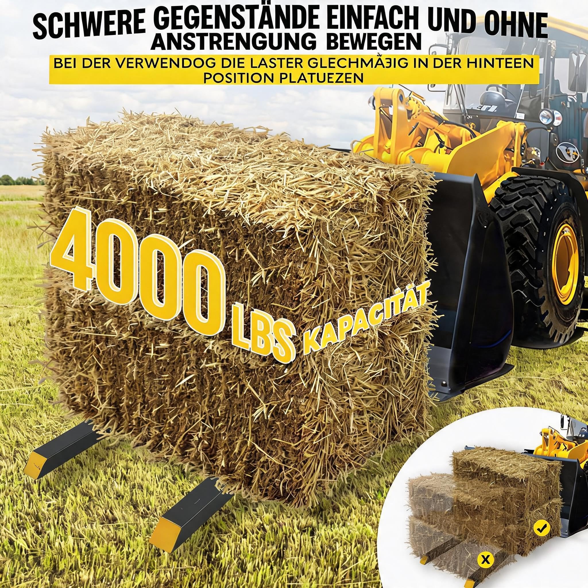 Garvee Schwerlast-Palettengabel 1815 kg für Traktor & Frontlader, Robust | Verstellbare Stabilisatorstange, Schnellmontage, Universal für Kompaktlader & Schaufeln, Hochfester Stahl, Agrar-Einsatz