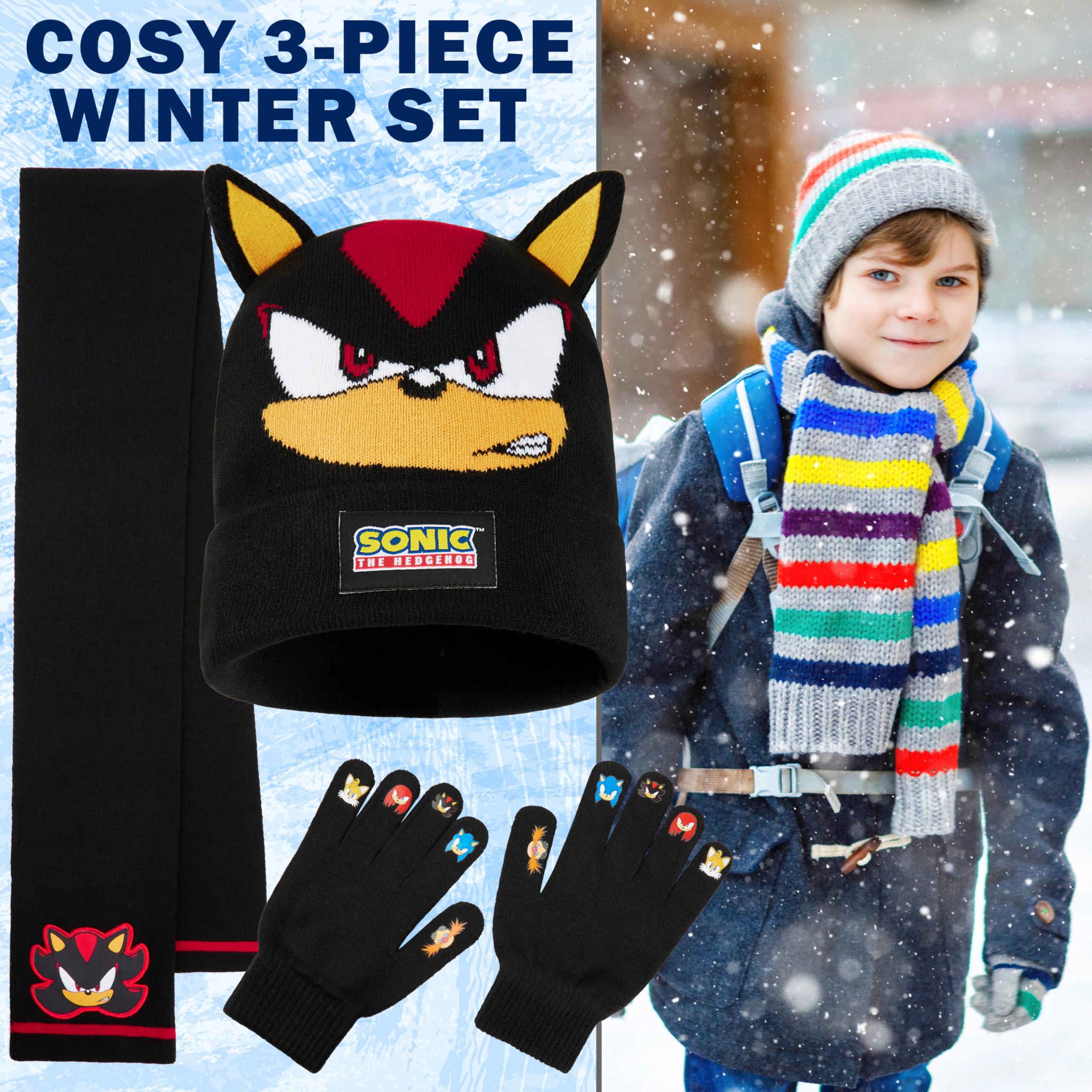 Get Trend SONIC THE HEDGEHOG Ensemble Bonnet Echarpe Gant Garçon, 3 Pièces, Maille Douce, Cosy Accessoires Hiver, idee Cadeau Gamer