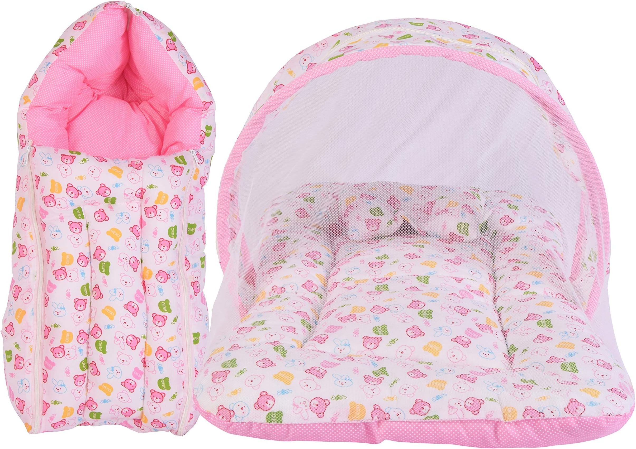 Babloo Baby Cotton Mattress with Mosquito Net and Carry Bag Combo (0-6 Months, Pink, 2 Count)