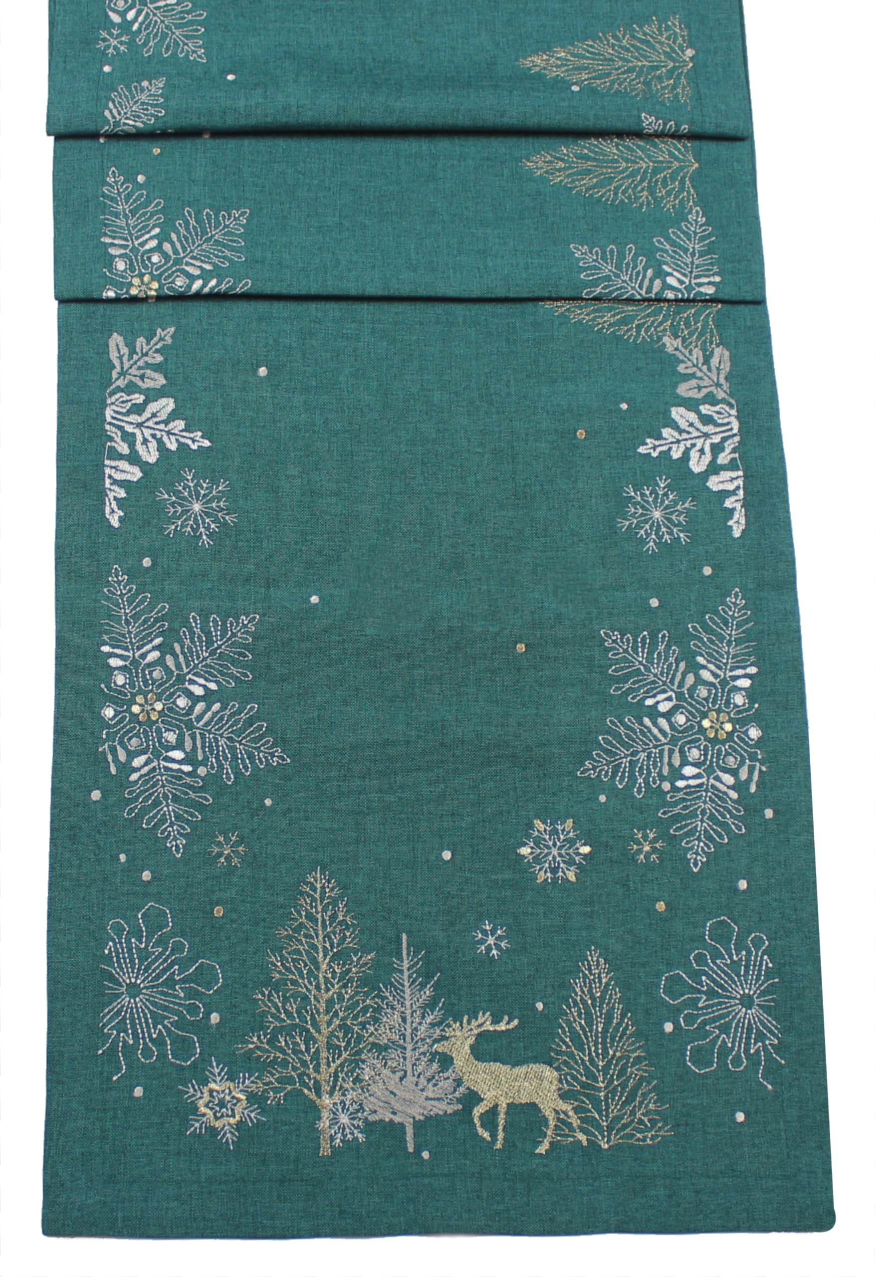 Peggy Wilkins Green/Silver Neve Woodland Stag Emrboidered Christmas Table Runner - 14" X 75"