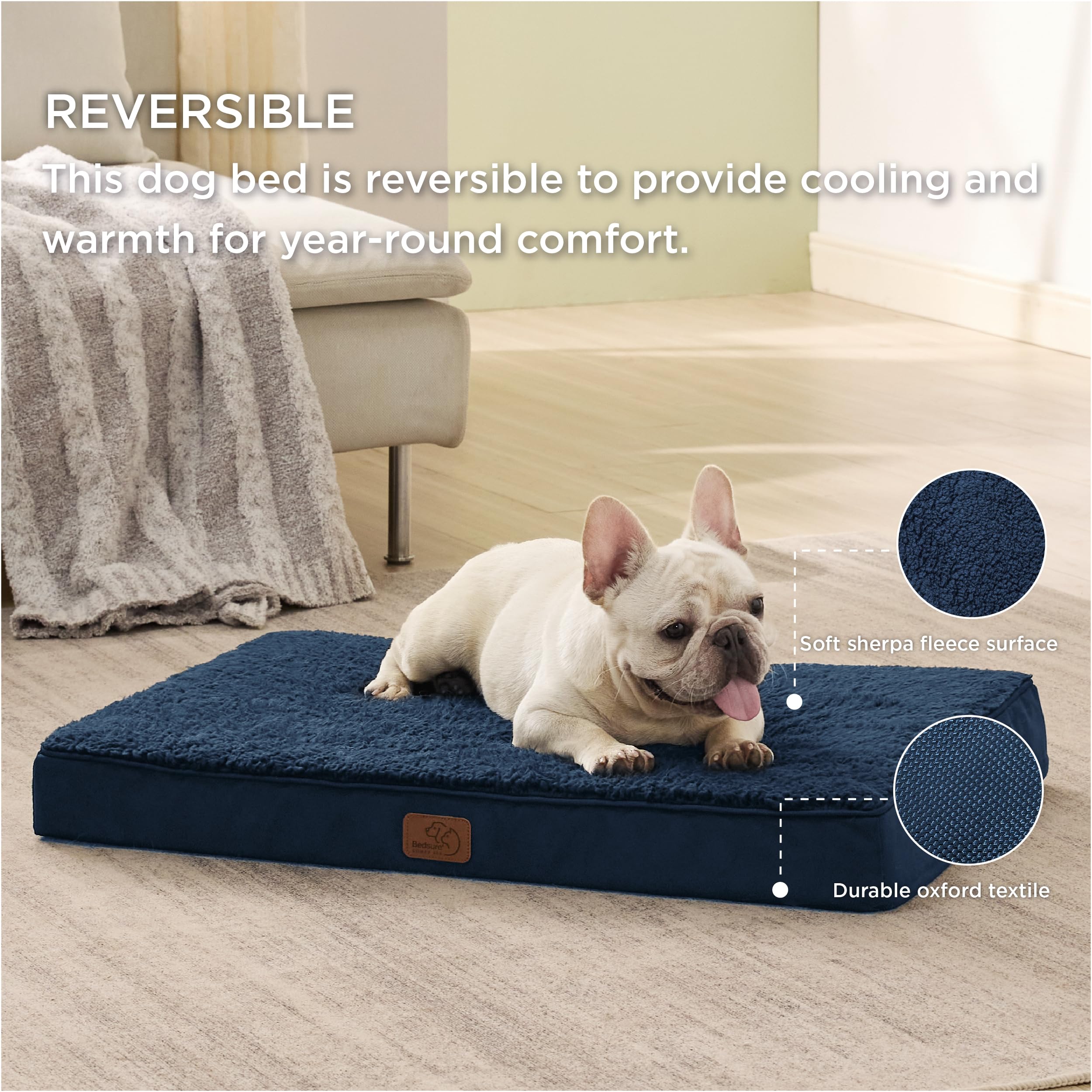 Bedsure Cuscino per Cane Medio - Materassino per Cani Taglia Media Interno Cuscino Cane Sfoderabile Lavabile 76x51x7,6 cm Blu
