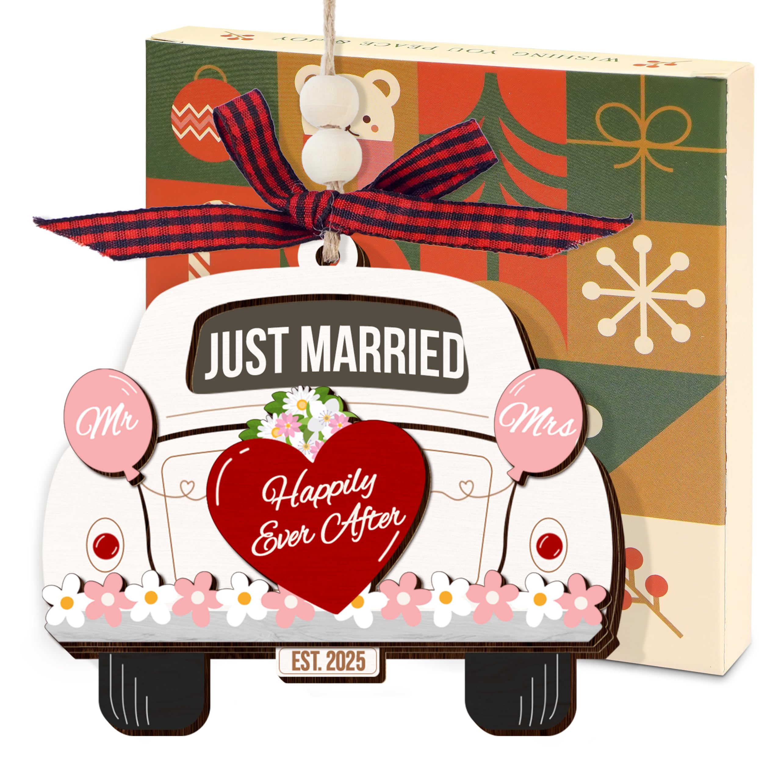 Wedding Gifts for Couples 2025, First Christmas Married Ornament 2025 - Just Married Wooden Ornament - Mr and Mrs Bridal Shower Gifts for Bride Newlyweds, Wedding Gift for Christmas Decorations