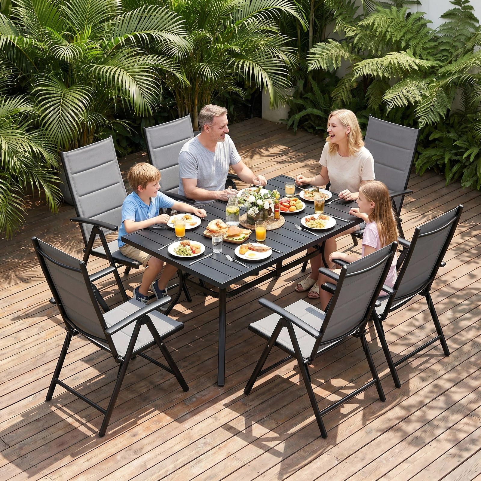 LIFERUN Juego de 4 sillas de jardín con respaldo alto, plegable, silla de balcón de aluminio, hasta 120 kg, con respaldo y asiento acolchados, 7 posiciones, silla de comedor para exteriores, con