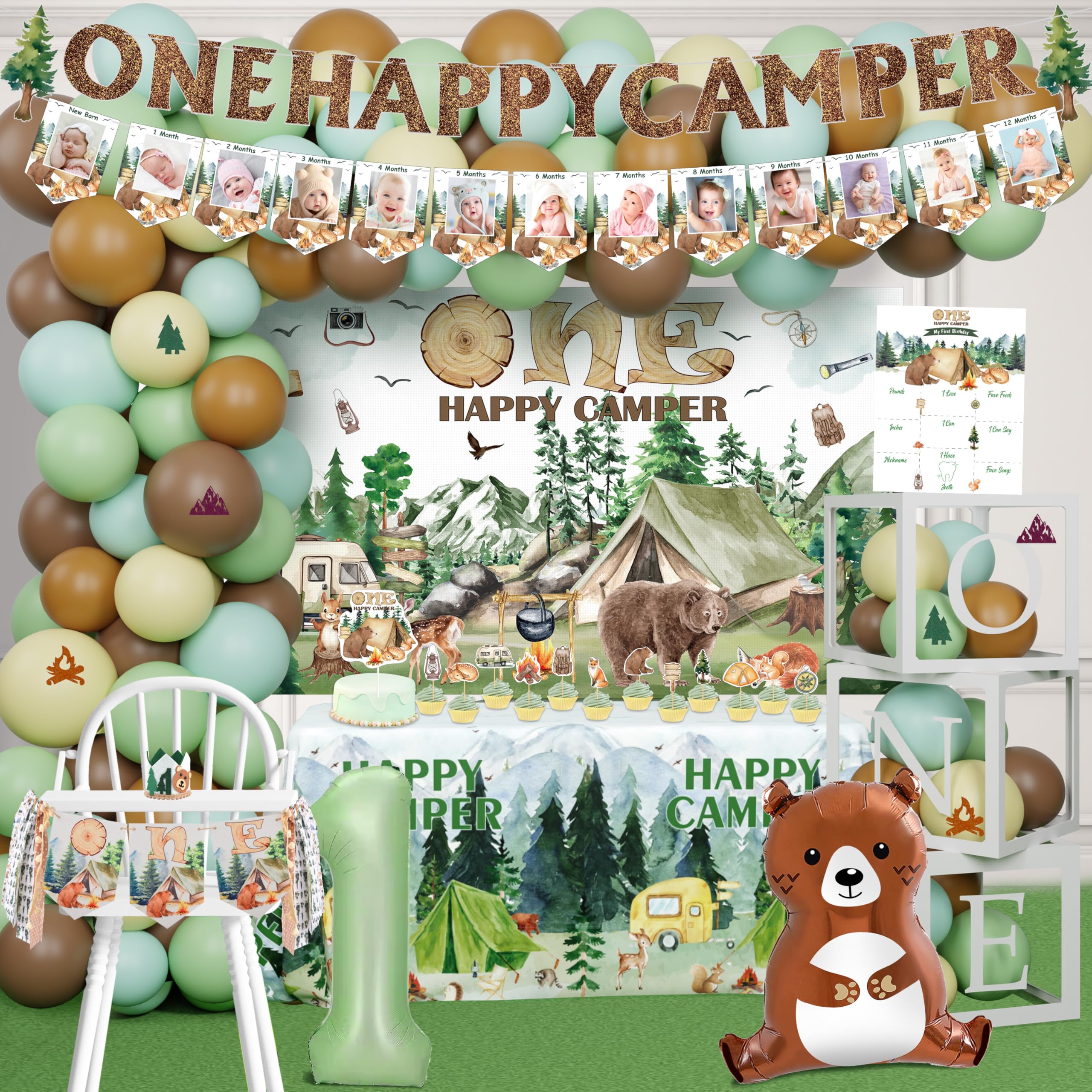 One Happy Camper Birthday Decorations 109Pcs Camping 1st Birthday Party Supplies Camp Themed Balloon Garland with Balloon Box Backdrop Monthly Photo