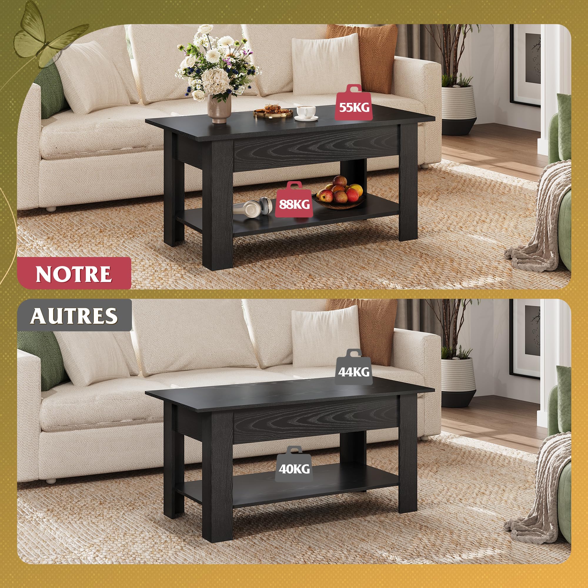 WLIVE Couchtisch mit Stauraum, Wohnzimmertisch Höhenverstellbar mit Verstecktem Staufach und Ablagefläche, Wohnzimmer Tisch für Couch,98 x 48cm Sofatisch, Schwarz