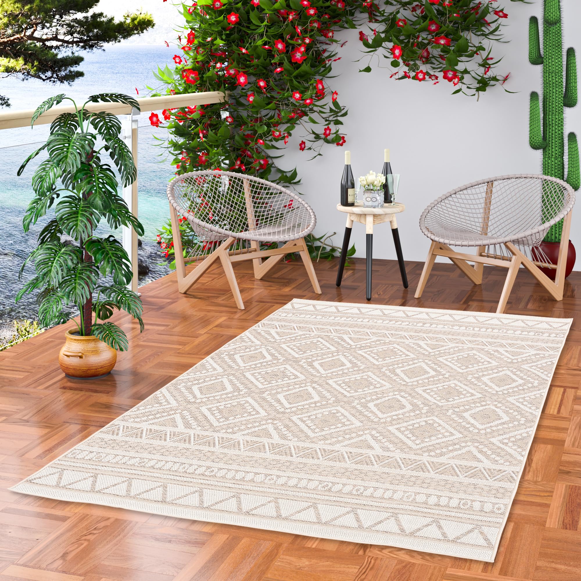 Pergamon Ottawa - Tapis Plat tissé intérieur/extérieur - Ethno Beige - 5 Tailles