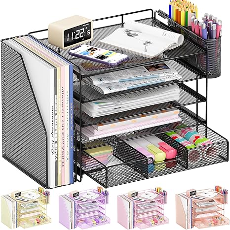 Desk Organizers and Accessories, 5-Tier Paper File Organizer with Drawer & Pen Holder, Office Desk Accessories Workspace Desktop Organizer for Office Supplies(Black)