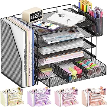 Desk Organizers and Accessories, 5-Tier Paper File Organizer with Drawer & Pen Holder, Office Desk Accessories Workspace Desktop Organizer for Office Supplies(Black)