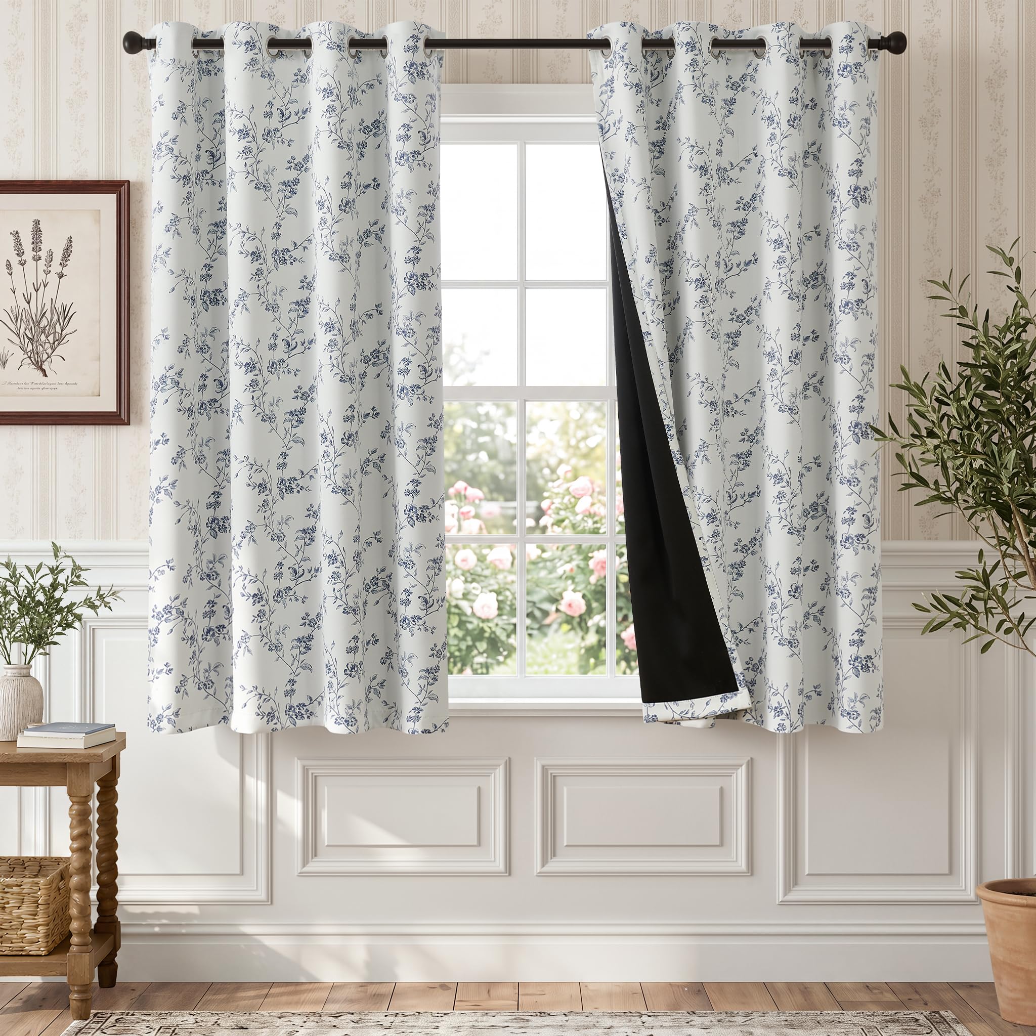 TOPICK 100% Blackout Vintage Floral Curtains for Bedroom W52xL63 Navy Blue