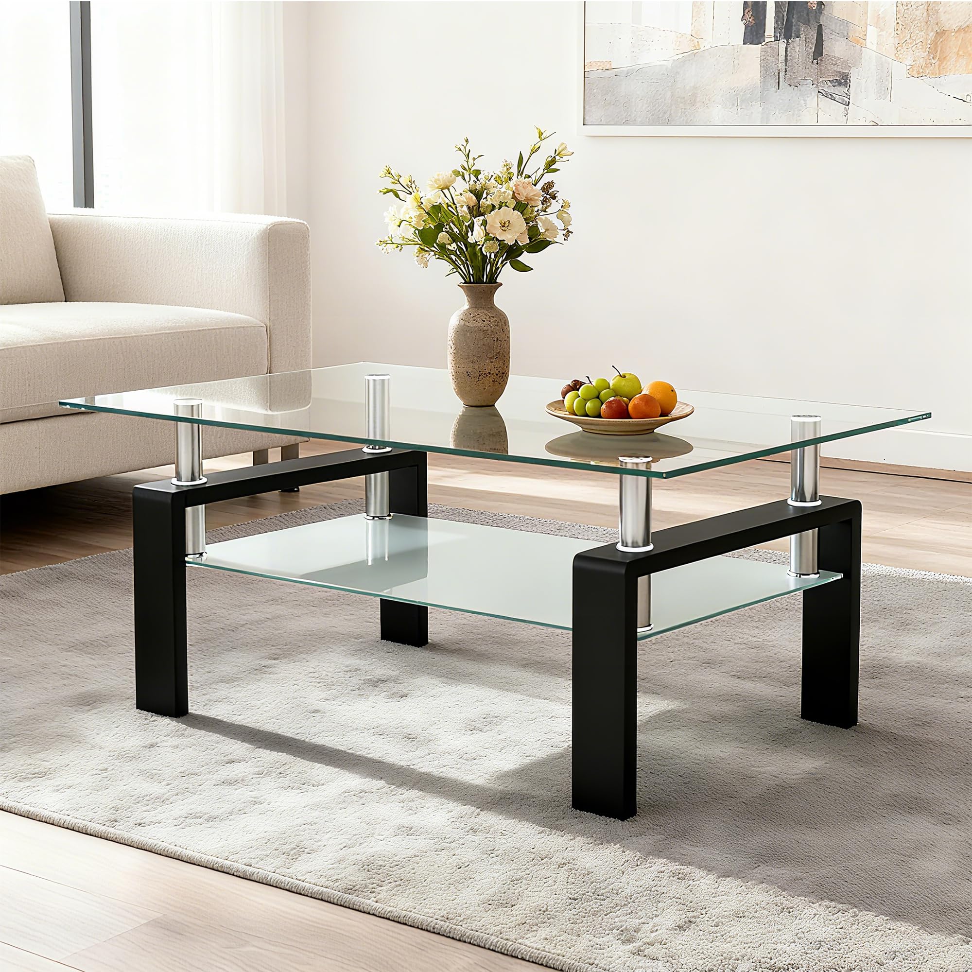 Rectangle 2-Tier Glass Coffee Table Modern Glass Center Table for Living Room Apartment Office Black