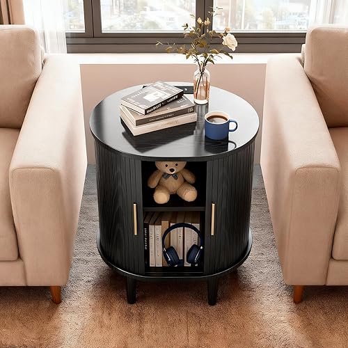 Miniatura 7 de Mesa auxiliar con estación de almacenamiento y carga, mesa auxiliar acanalada con puerta corredera y estante ajustable, mesita de noche moderna de