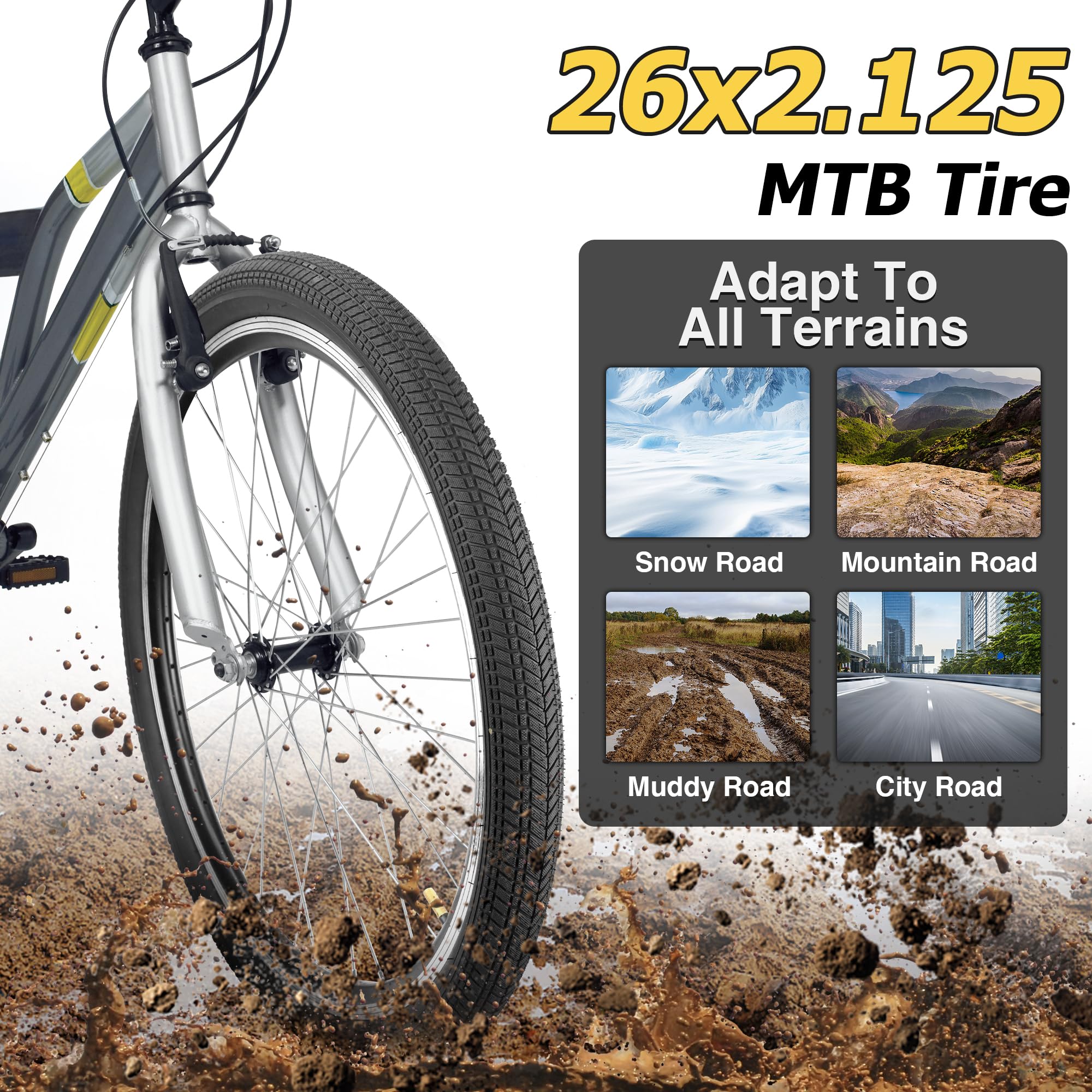 2PSC 16/20/24/26x2.125 Fahrradreifen 57-305/57-507/57-559 Fahrradmantel mit/Ohne Schlauche kompatibel Mountainbike/Citybikes/BMX/Beach Bike
