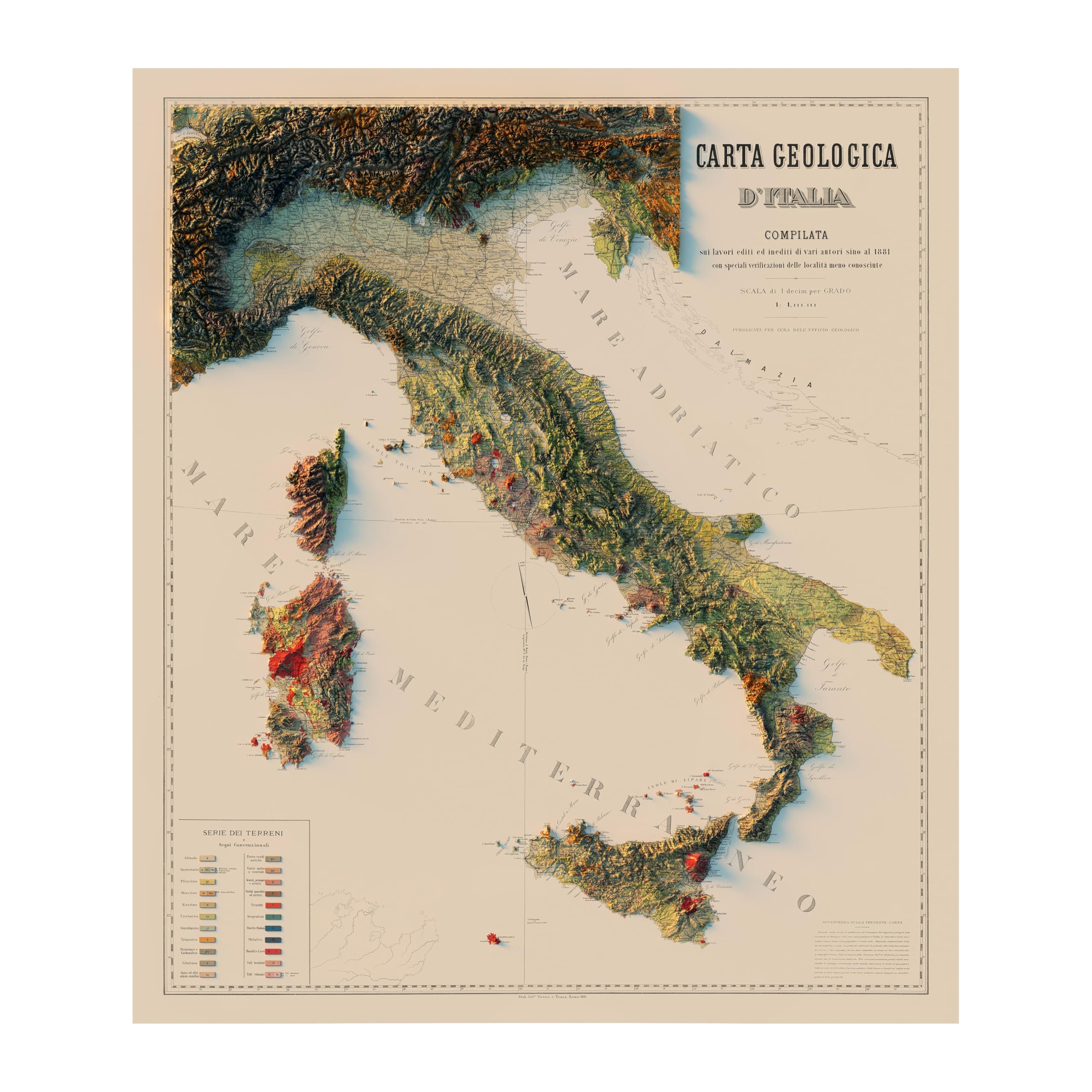 Muir Way - Italy 1881 Shaded Relief Map - Flat 2D Paper Print - Shaded 3D Illusion - Gallery Quality Fine Art Paper & Inks - 100% Cotton & Acid-Free - Made in USA - 32” x 37” 2D Print - No Frame