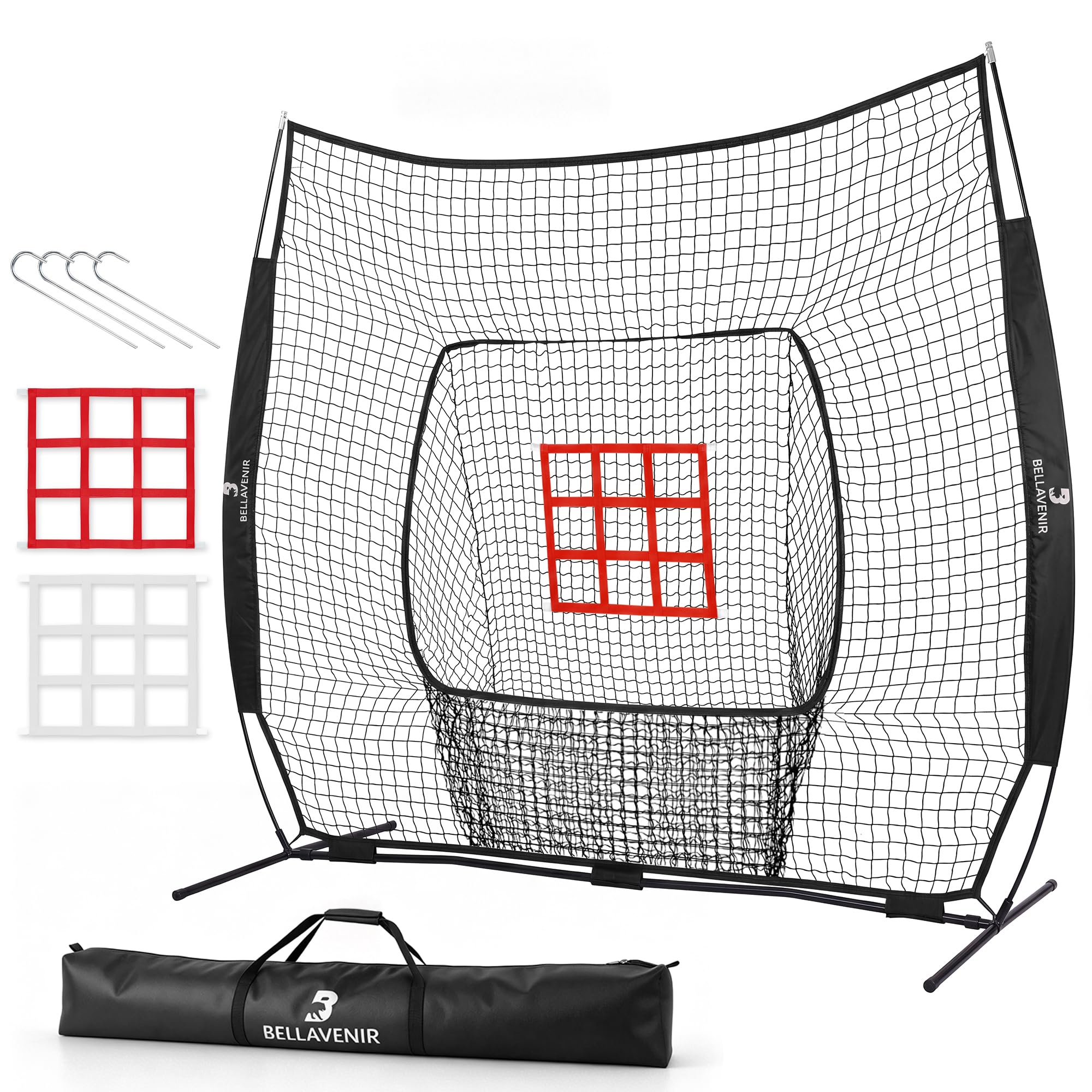 7x7 ft Baseball Softball Net with Bow Frame, Strike Zone &amp; Bag
