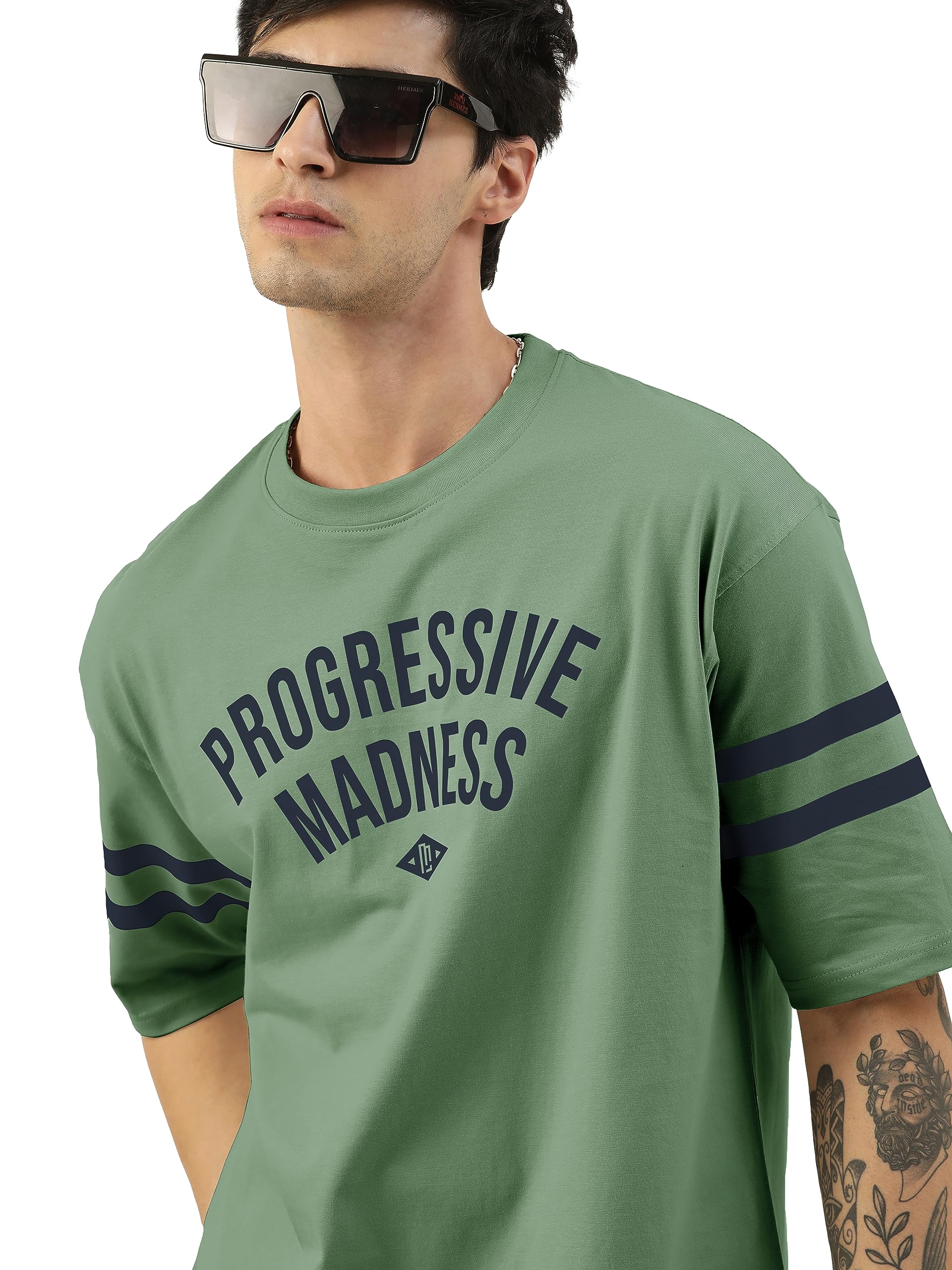 ManiacMen Printed Round Neck Half Sleeve Hunter Green Cotton Oversized T-Shirt
