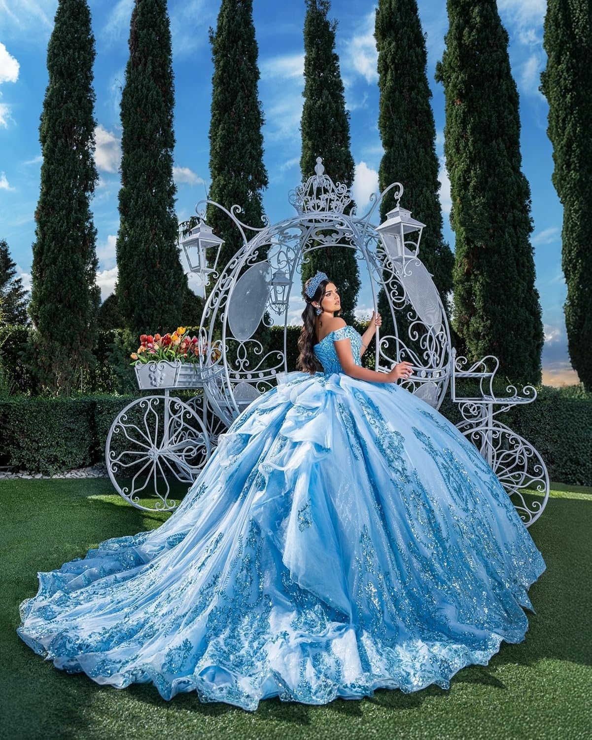 XYAYE Off Shoulder Tiered Quinceanera Dresses Lace Sequin Layered Tulle Sweet 16 Dresses Puffy Beaded Long Ball Gown