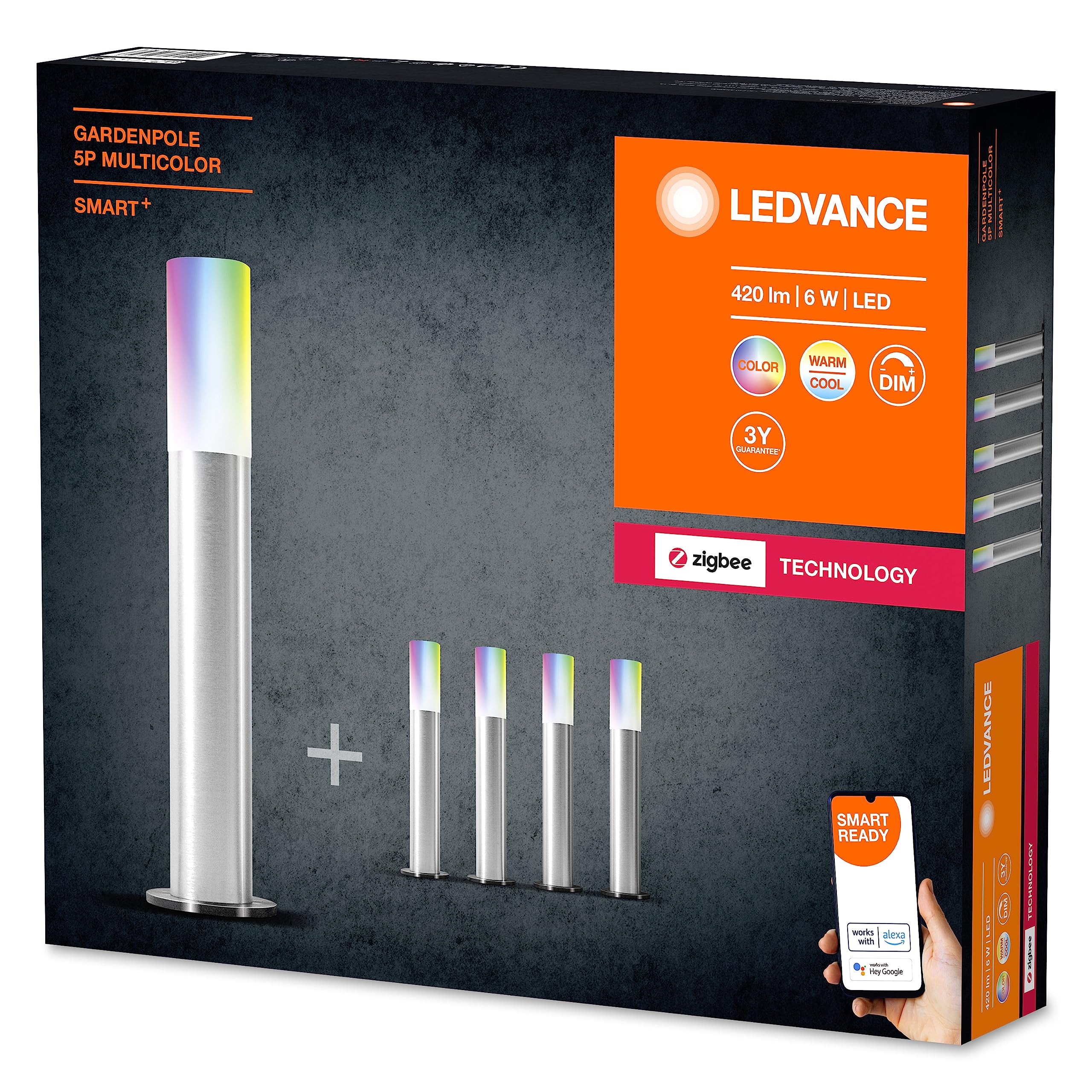 LEDVANCE Inteligentna lampa ogrodowa z technologią ZigBee, 16 mln kolorów RGB, ciepła biel do białego światła dziennego, regulowana (2000 – 6500 K), sterowana za pomocą Alexa, Smart + ZB słupek