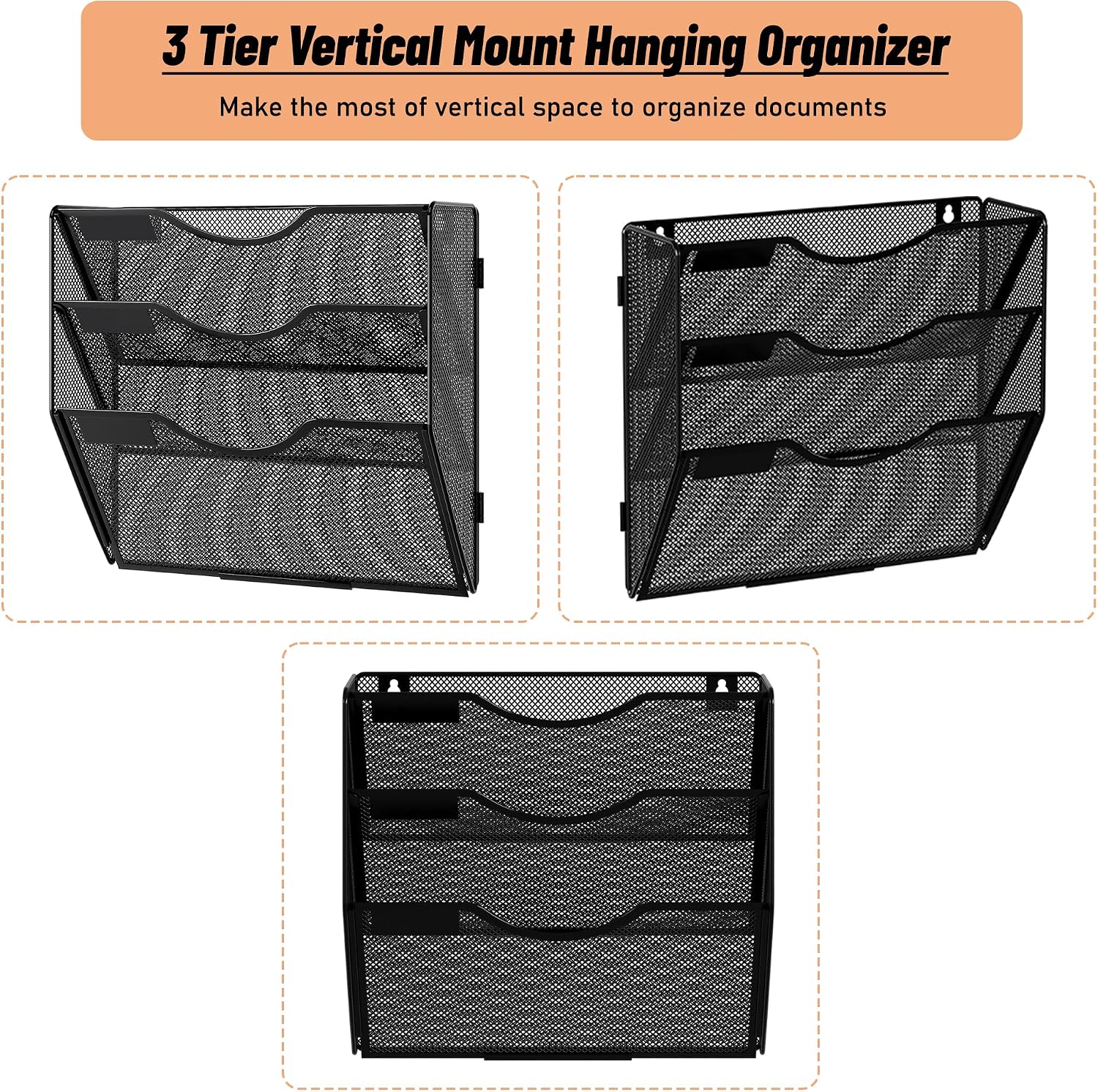 File Folder Organizer, 3-Tier Mesh Hanging Wall File Holder, Magazine Rack, Wall File Organizer With Pockets, Metal Document Organizer, Mail Organizer Wall Mounted for Office Home, Black