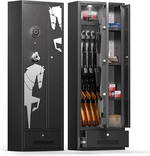 KAER 6 Gun Safe Gun Cabinet Rifle Safe for Home Shotgun Storage Gun Safes for Rifles and Pistols 2 Door Long Shotguns Safe with Drawer Handgun Pouch Rifle Rack,Assembled