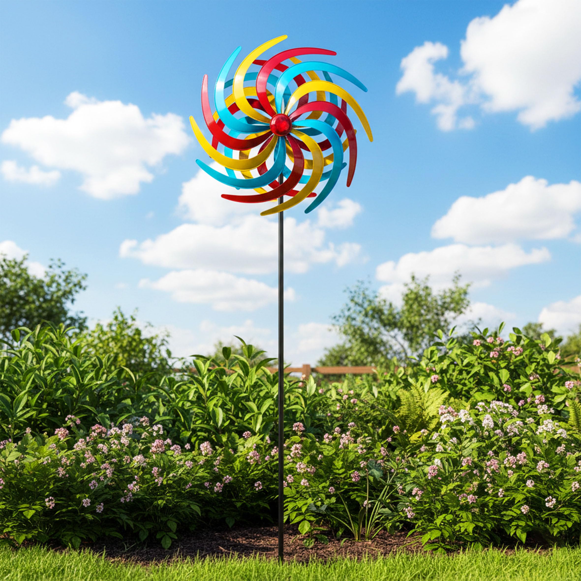 Molinillo de viento de metal, multicolor, diámetro de 61 cm, altura 210 cm, decoración para jardín