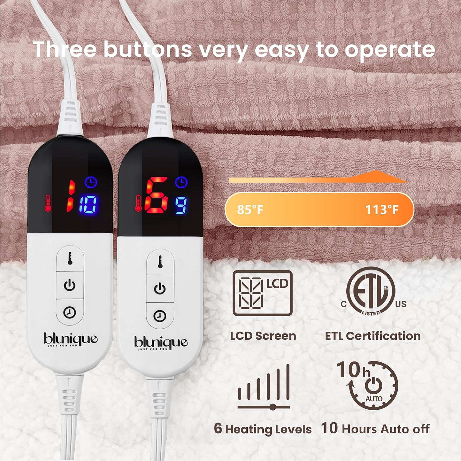 Heated Blanket Electric Blanket Queen Waffle, 84x90 Inches Dual Controllers Sherpa Fleece Fast Heating Blanket 6 Heating Levels & 10 Hours Auto Off ETL Certification, Pink Queen - Image 5