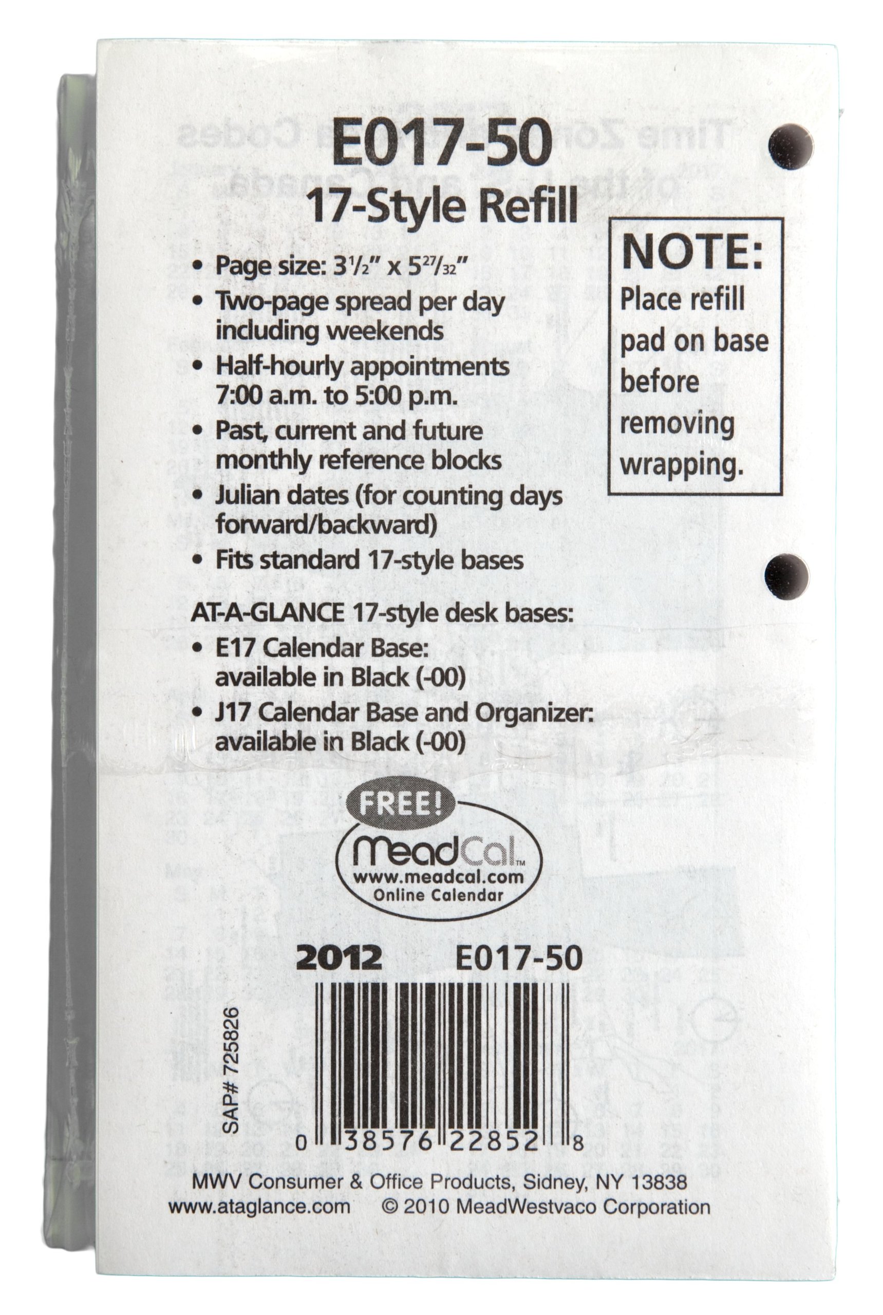 Two-page-Per-Weekday Calendar Refill, 3 1/2" x 6", 2012