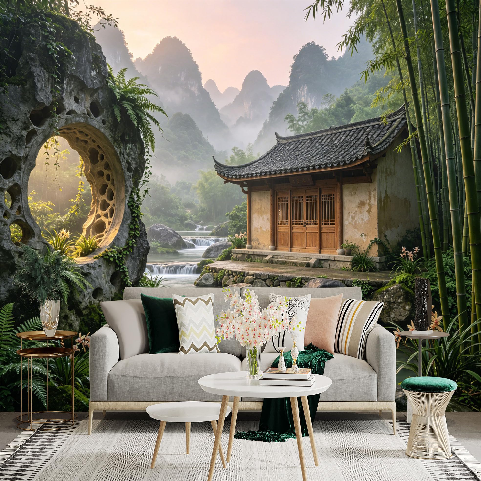 Custom Size Wall Sticker Mural， Asian Zen Garden with Bamboo， Waterfall and Traditional House， for wall Decoration， peelandstick wall Decals.