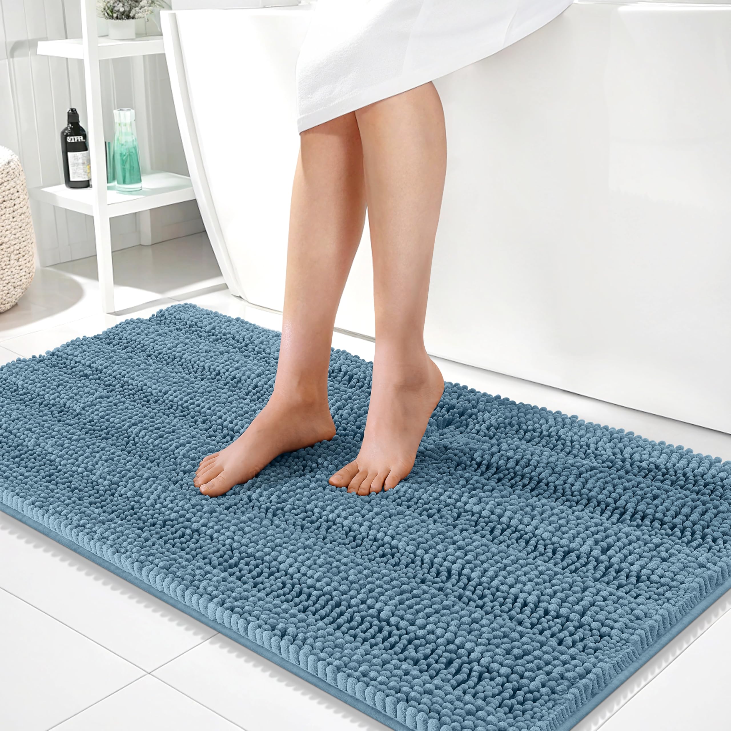 OLANLY Thick Bathroom Runner Rugs 44x24, Soft Chenille Bath Rugs, Airy Blue