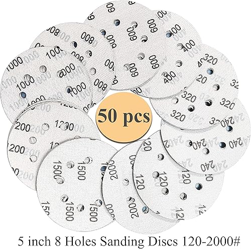 Miniatura 3 de 50 discos de lijado de gancho y bucle #120-#2000 de 5 pulgadas, 8 agujeros, grano 1202403204006008001000120015002000 compatible con lijadora orbital