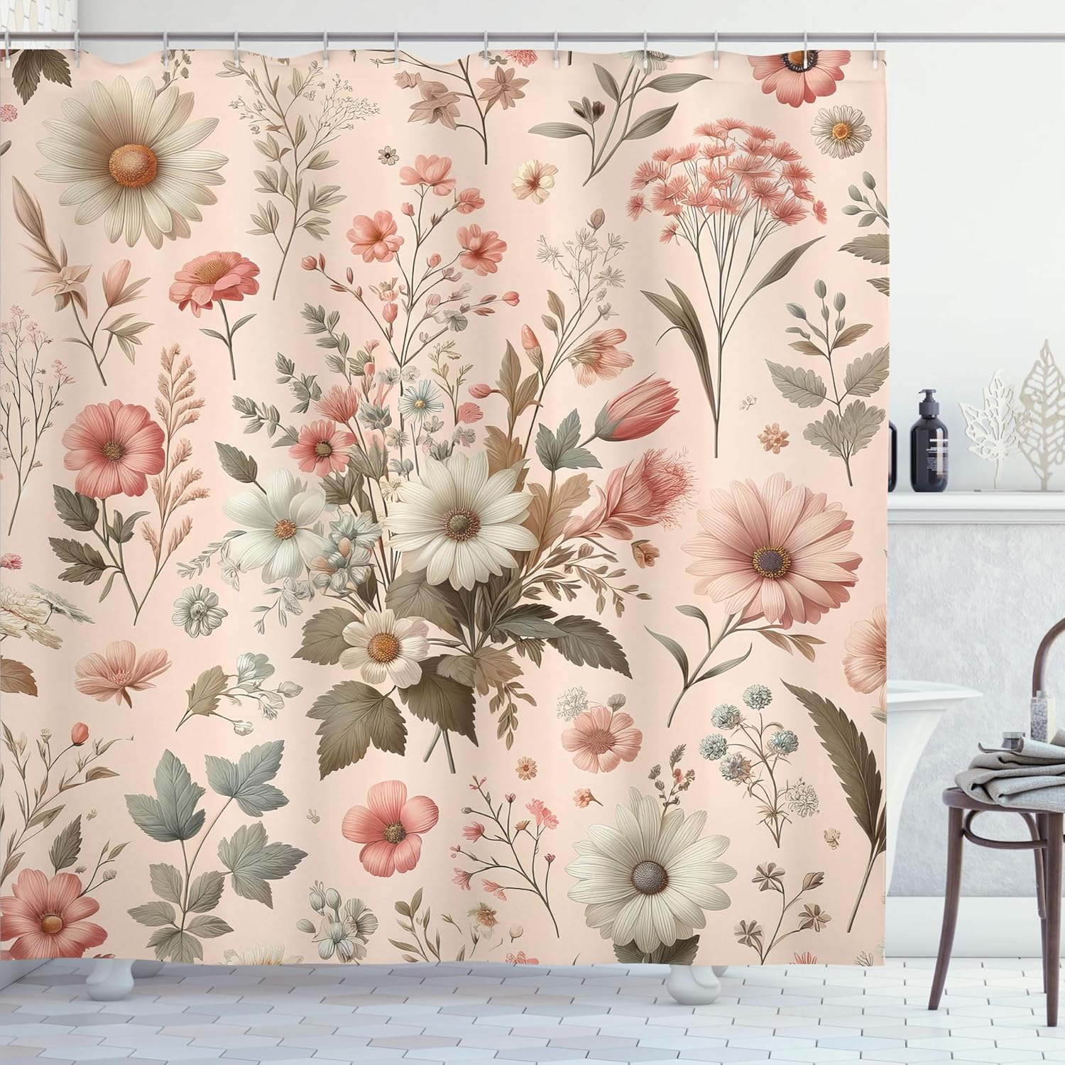 Ambesonne Floral Shower Curtain, Springtime Farmhouse Concept Nostalgic Feel Gentle Floral Pattern with Leaves, Cloth Fabric Bathroom Decor Set with Hooks, 69" W x 75" L, Blush Olive Green
