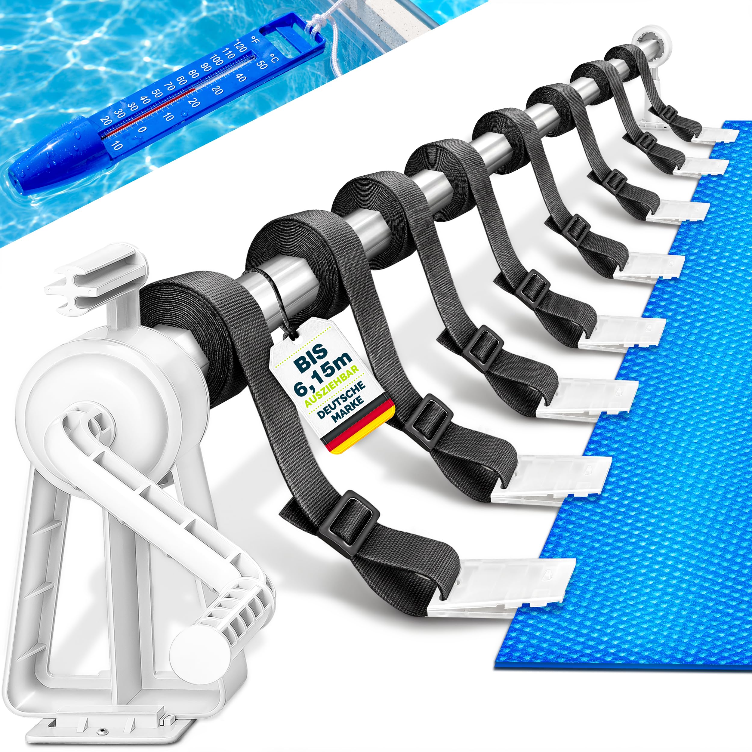 tillvex Pool Aufroller Premium 1,05-6,15 m inkl. Thermometer & Bänder | Aufrollsystem für Solarplane | Mobile Aufrollvorrichtung für Poolplane & Abdeckung | witterungsbeständiges Material