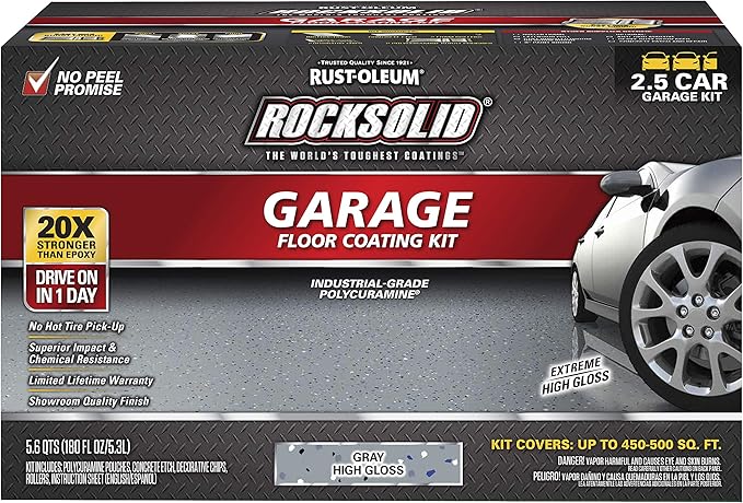 Rust-Oleum 293513 Rocksolid Polycuramine Garage Oil Floor Coating, 2.5 Car Kit, Gray, 180 Fl Oz (Pack of 1)