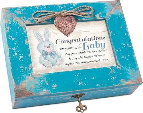 Cottage Garden Congratulations On Your Baby Teal Distressed Locket Music Box Plays You are My Sunshine