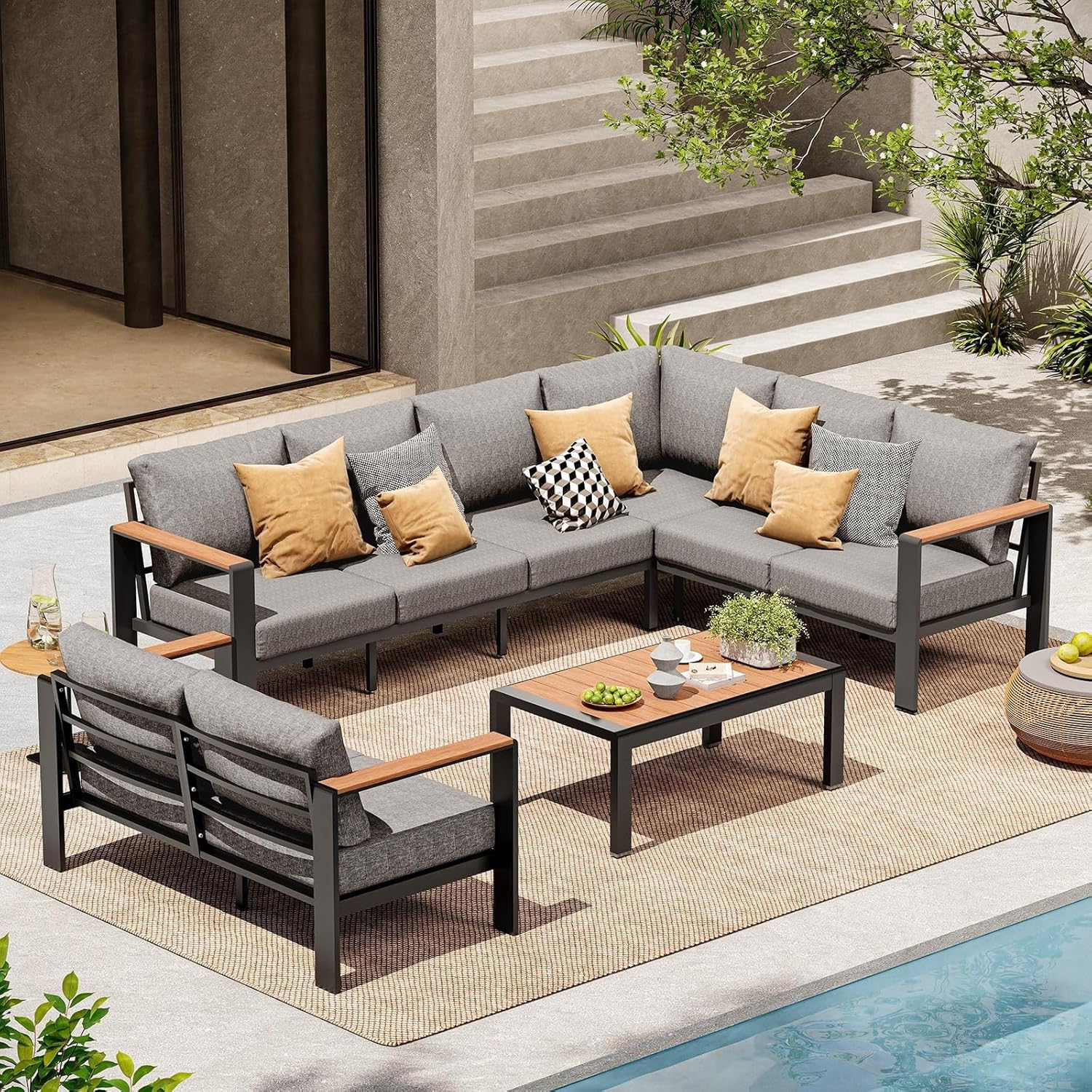 Aluminum Outdoor Patio Furniture Set 8 Seats Outdoor Sectional Corner Sofa Patio Conversation Sets with Coffee Table Washable Thick Cushions for Backyard Porch Balcony