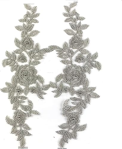 Heyiwell 1 par de apliques de encaje bordado de flores de encaje con cuentas 3D plateadas hechas a mano, parches de encaje con cuentas florales