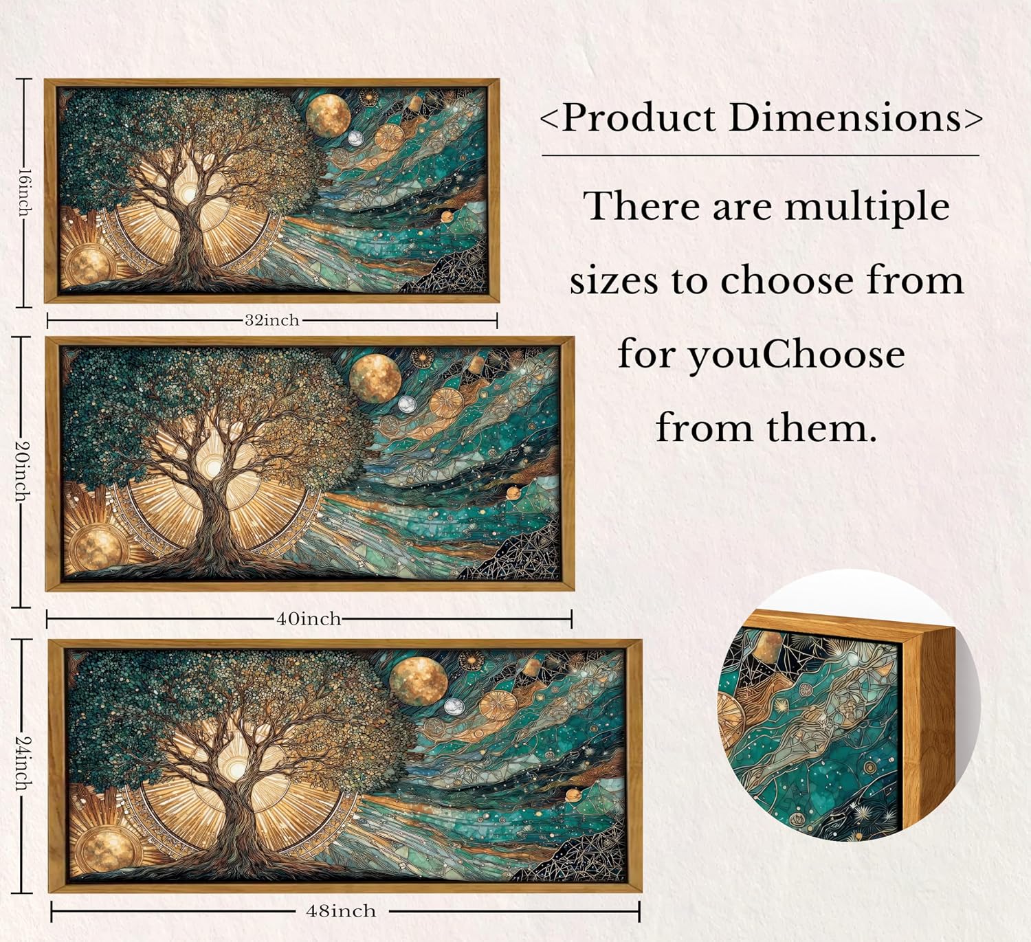 Framed Tree of Life 3D Textured Canvas Wall Art Gold Sun and Moon Cosmic Celestial Picture Wall Decor Green Large Trees Posters Mystical Starry Sky Painting Print Artwork for Living Room Bedroom image 4