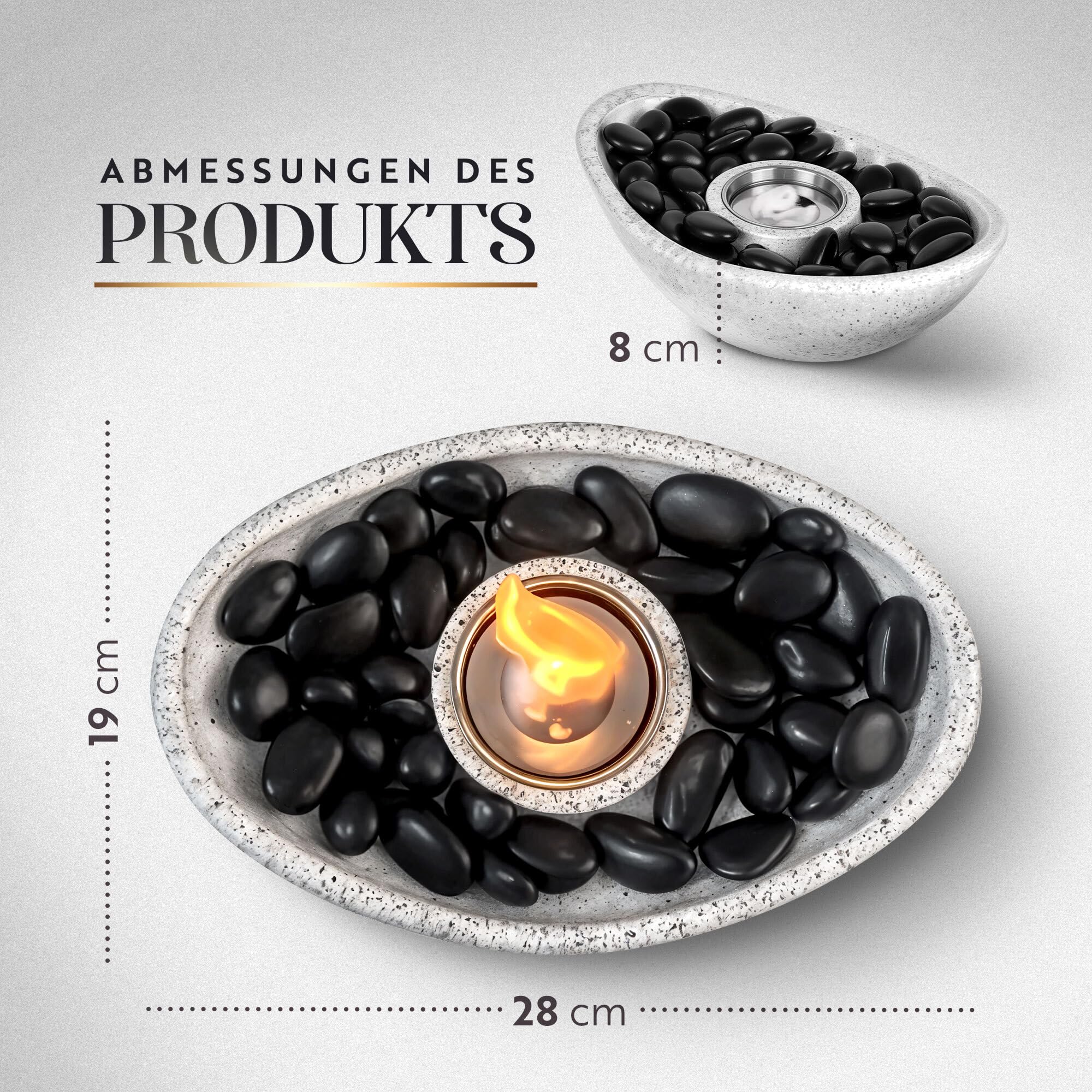Bioethanol Tischkamin Indoor und Outdoor 28 x 19 x 8 cm und mit Schmucksteinen und Tasche - Ethanol Kamin Indoor - Tischfeuer Indoor - Bio Ethanol Tisch Kamin (Oval Grau)