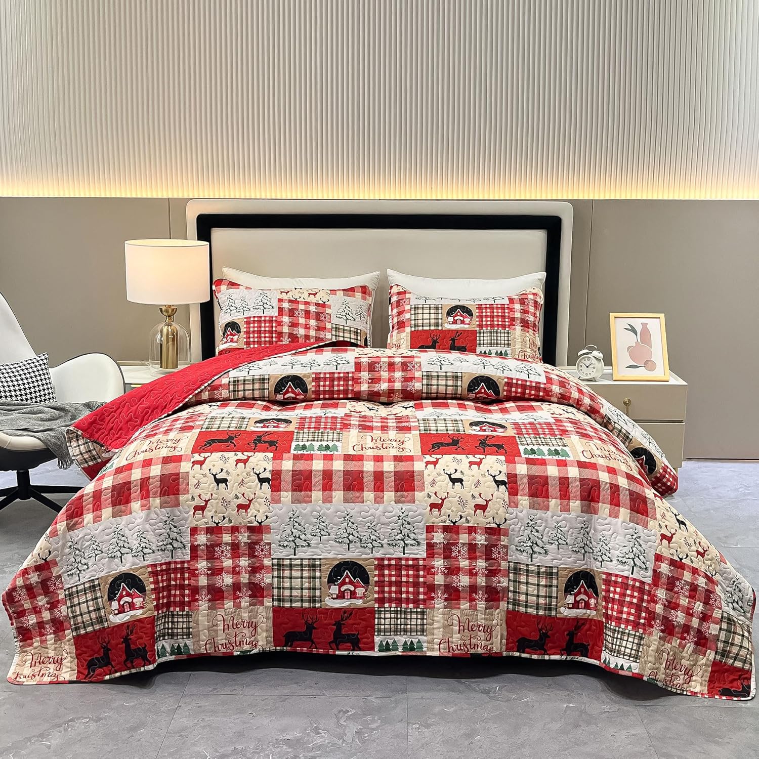 King Size Christmas Quilt Set Red Xmas Tree Snowflake Reindeer Lodge Cabin Quilted Patchwork Bedspread Coverlet 2-Piece Reversible Rustic Lightweight Christmas Comforter Bedding Set Bed Cover Blanket