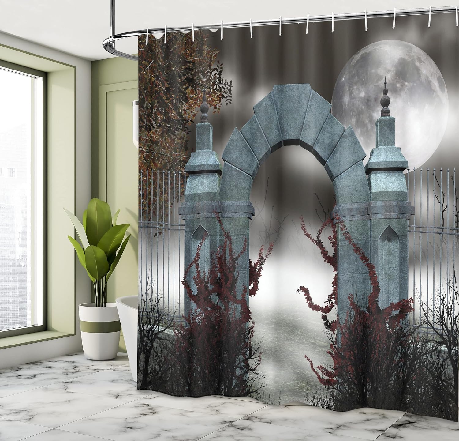 Ambesonne Gothic Shower Curtain, Scary Medieval Middle Age Stone Door with Fog Moon and Ivy Dark Night Theme Art, Cloth Fabric Bathroom Decor Set with Hooks, 69" W x 70" L, Grey Red
