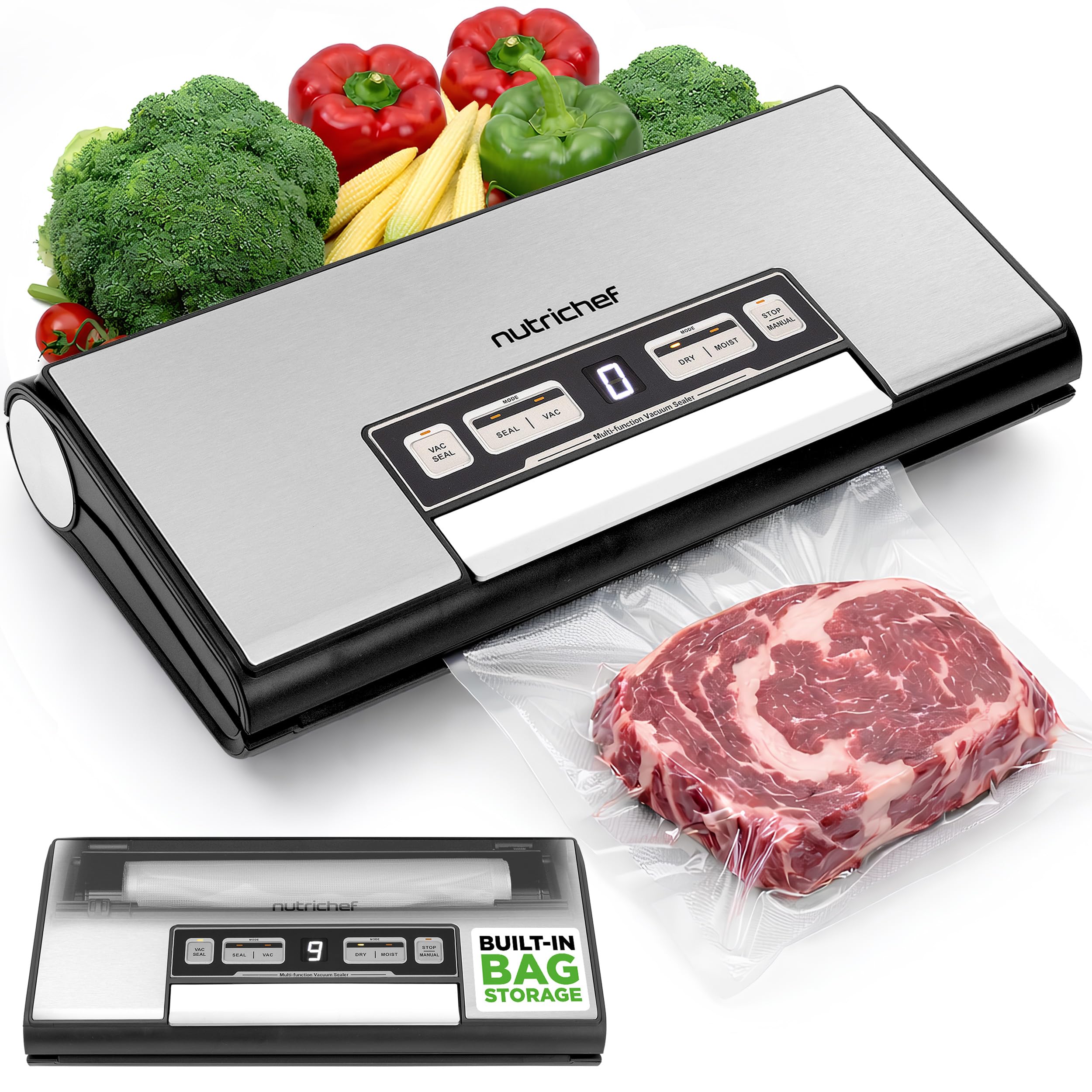 NutriChef Vacuum Sealer Machine 80 kPa, Food Vacuum Sealer for Meal Prep & Sous Vide, Built-In Cutter, Bag Roll Storage, Dry & Moist Modes, Includes 1 Roll & 5 Bags