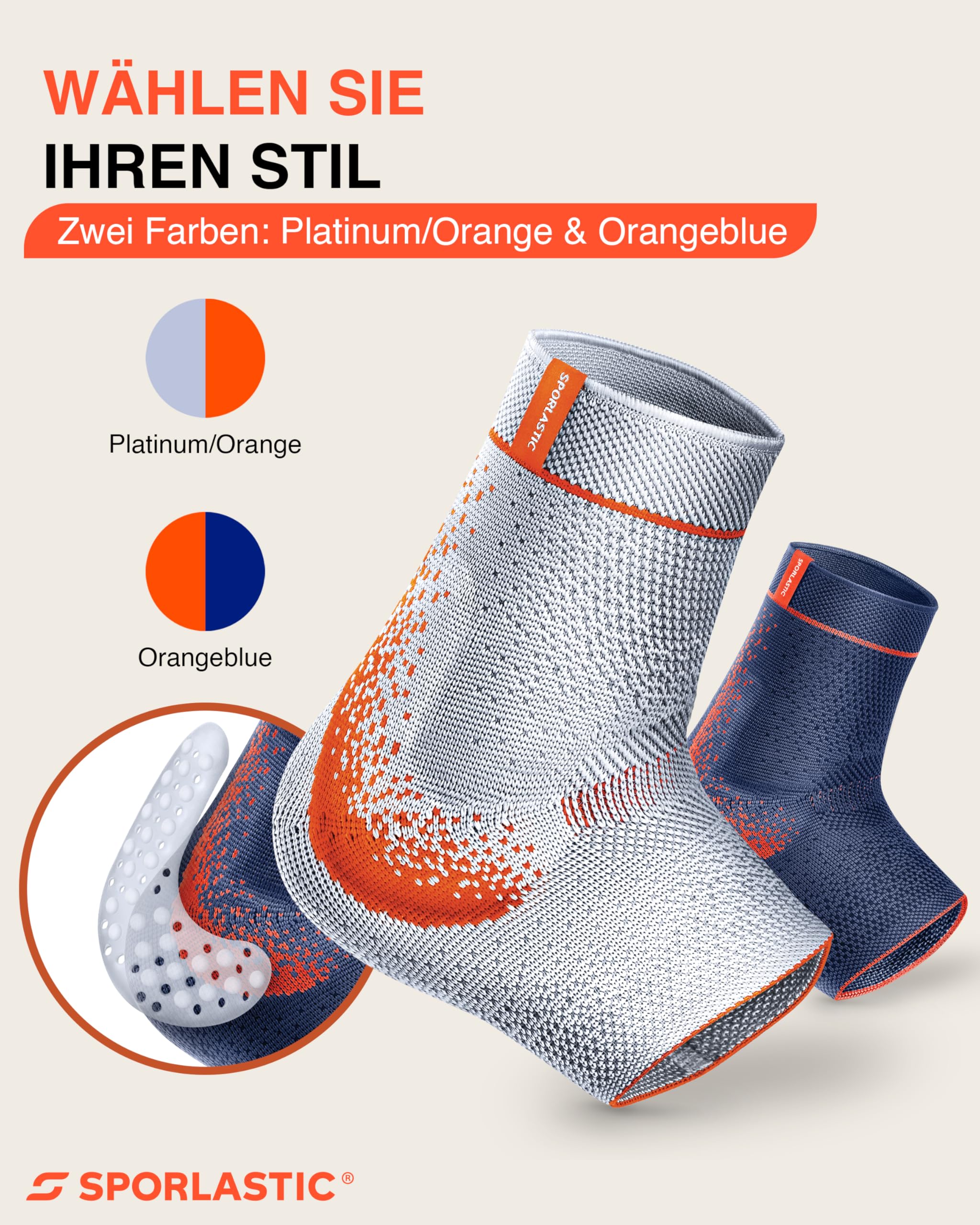 SPORLASTIC Sprunggelenkbandage MALLEO-HiT SUPREME, Platinum/Orange, Gr. 3 | Für rechts & links, Knöchelbandage, Gel-Pelotten, Kompression, Sport & Reha, atmungsaktiv, ergonomisch