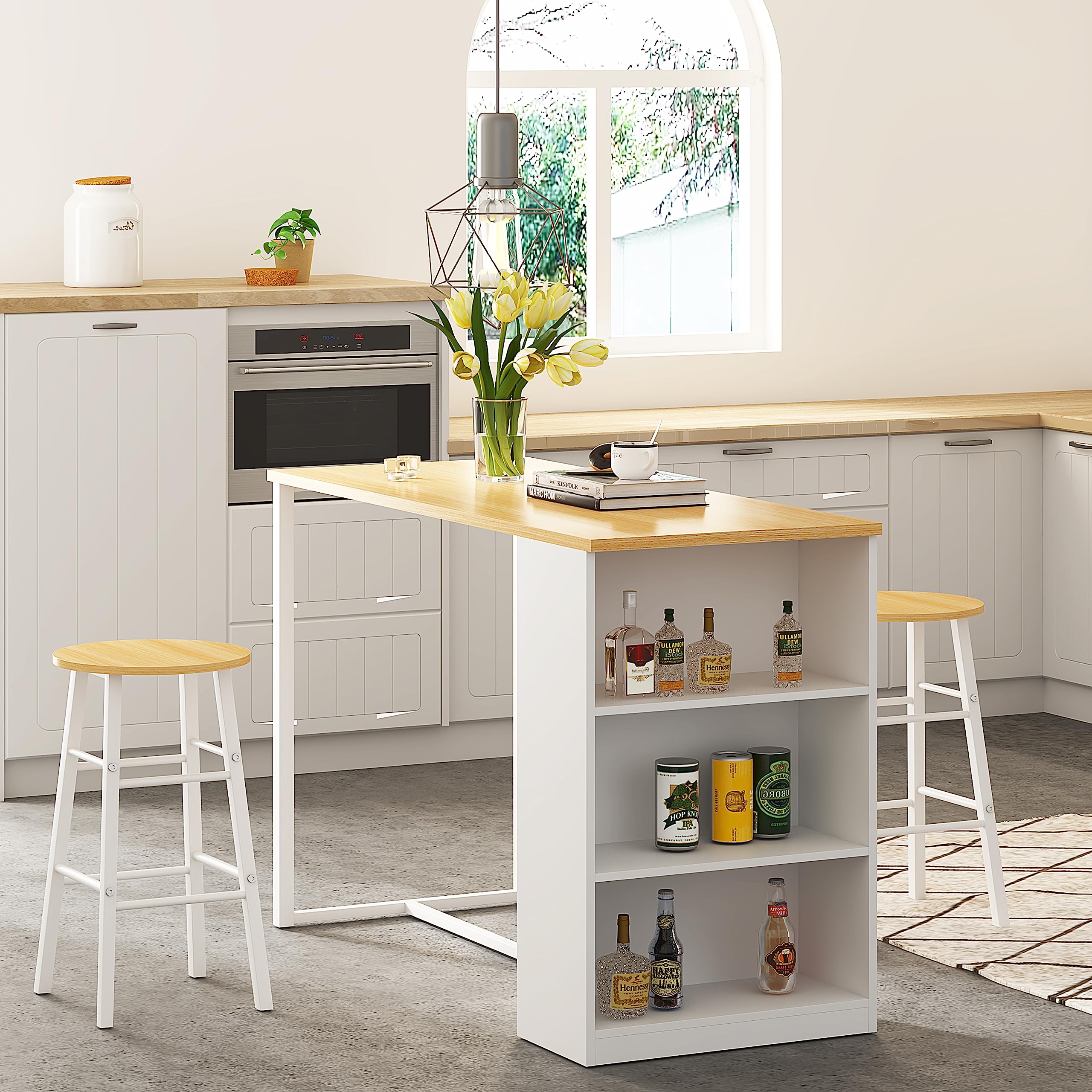 DlandHome Tavolo da bar con 3 armadietti di stoccaggio+ 2 sgabelli alti set per bar da 3 pezzi per 2 persone tavolo da pranzo per cucina/sala da pranzo/soggiorno in teak / bianco