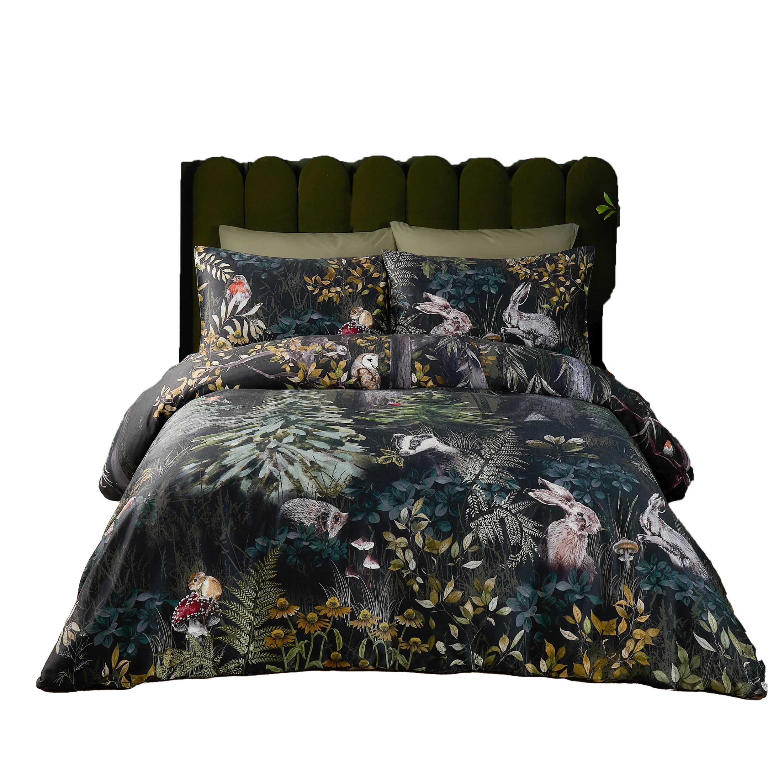 Set copripiumino Paoletti Sherwood Forest – Set di biancheria da letto di lusso in raso di cotone con motivo Woodland Wildlife (Verde Foresta/Nero - Super King)